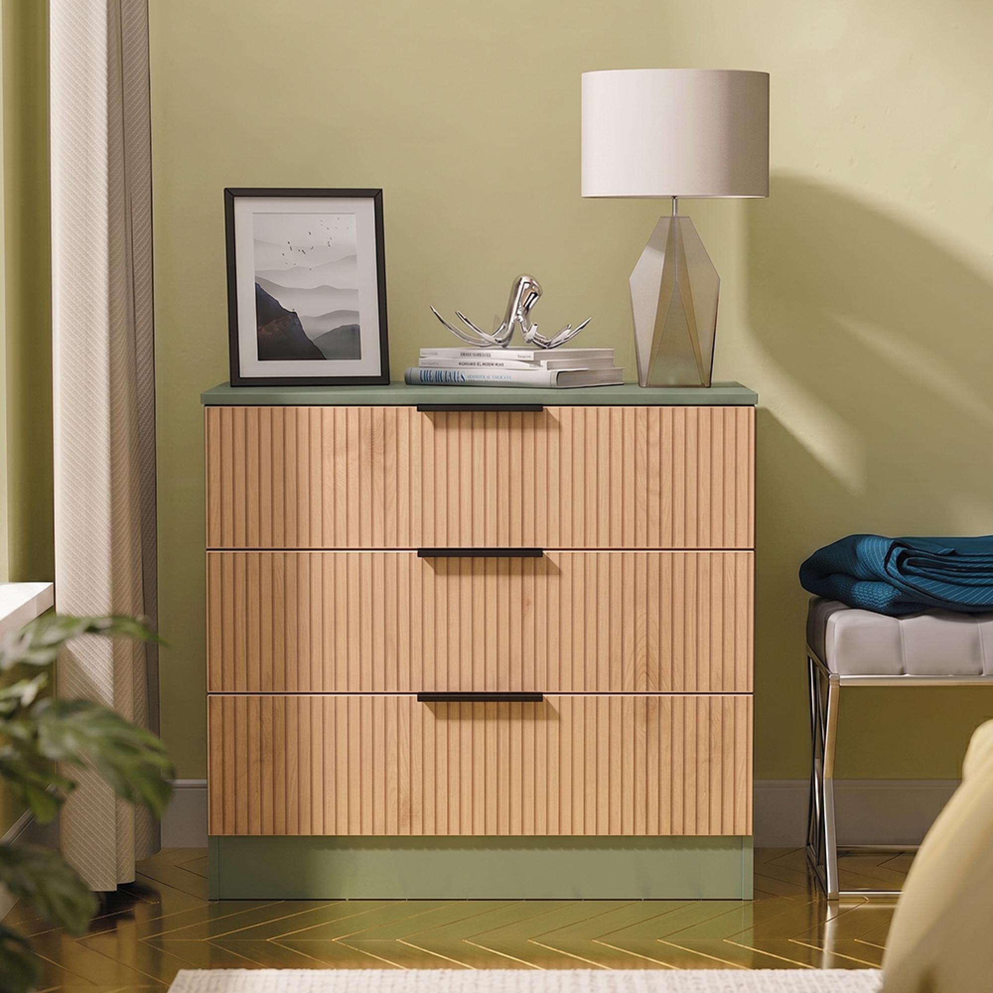 Java Fluted Chest - 3 Drawer - Natural and Reed Green