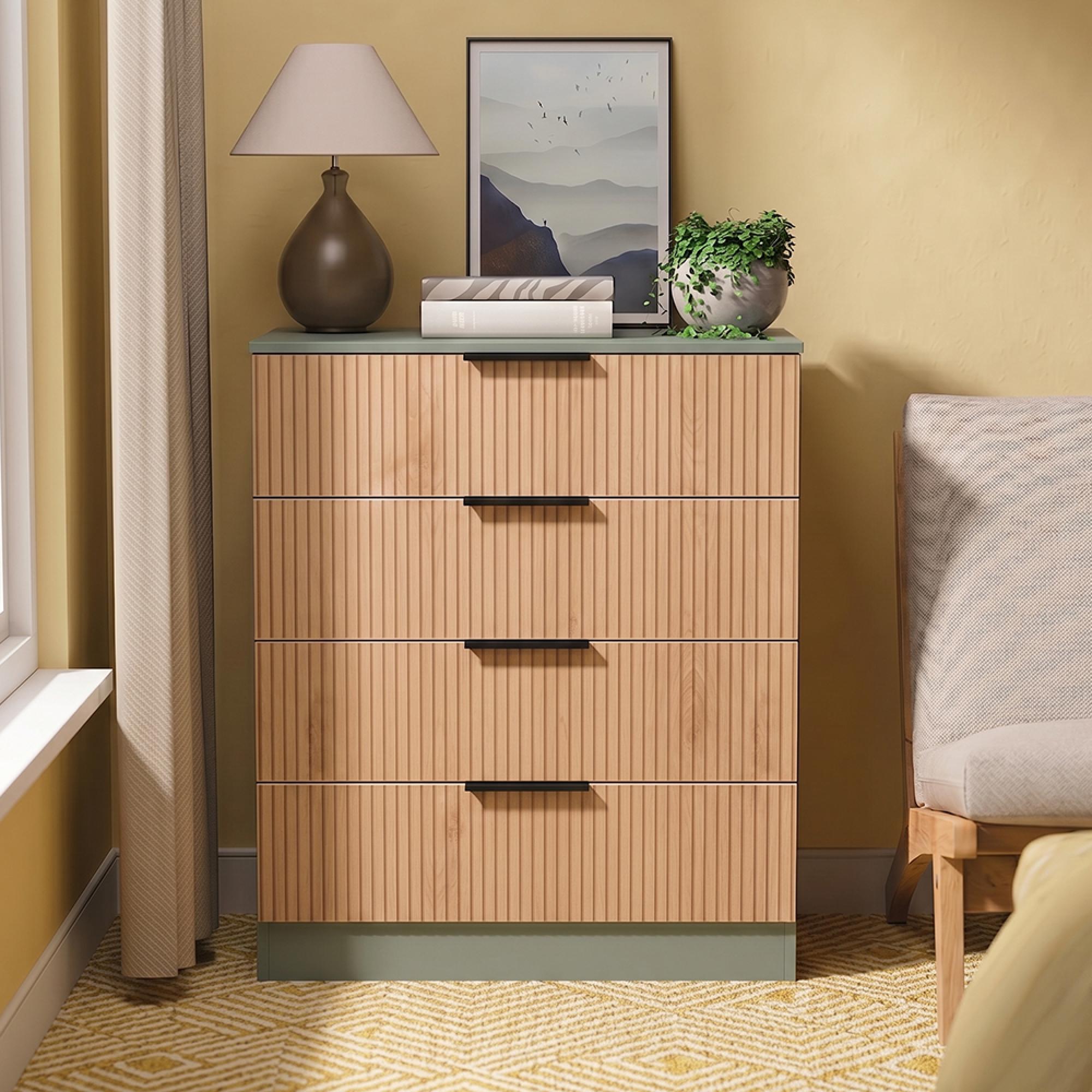 Java Fluted Chest - 4 Drawer - Deep - Natural and Reed Green