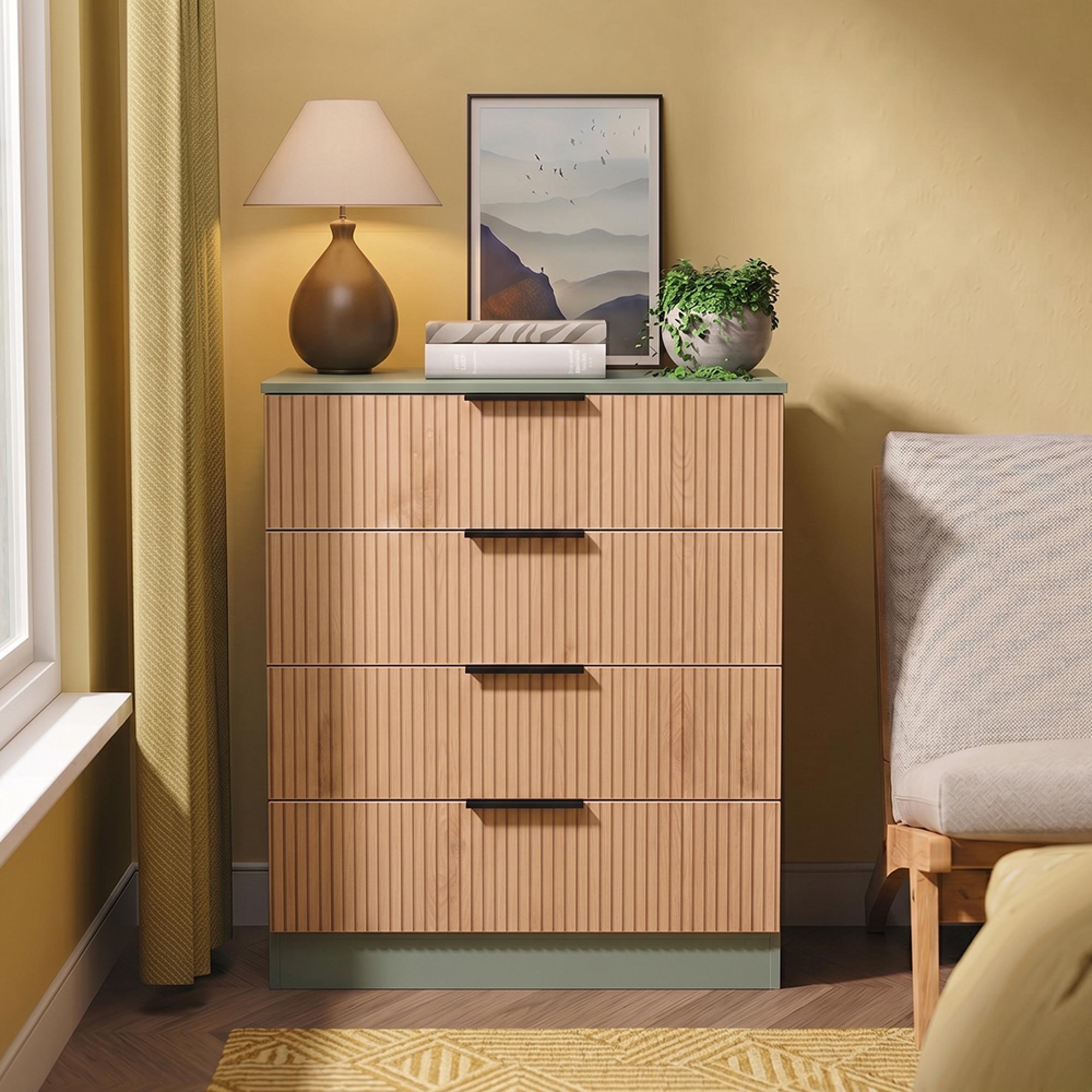 Java Fluted Chest - 4 Drawer - Natural and Reed Green