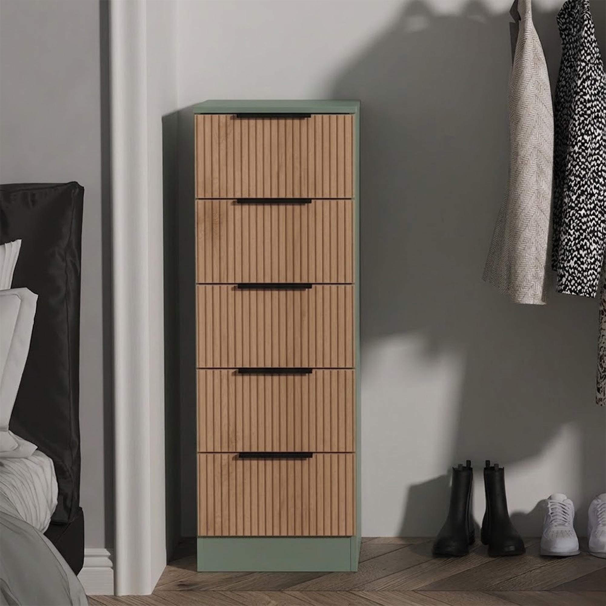 Java Fluted Chest - 5 Drawer - Narrow - Natural and Reed Green