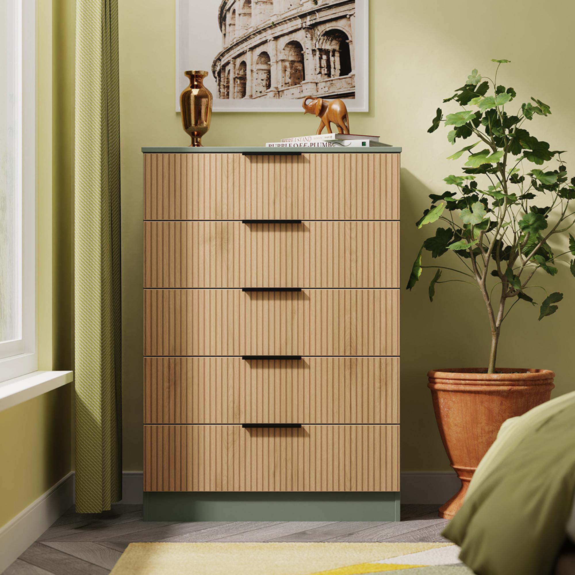 Java Fluted Chest - 5 Drawer - Wide - Natural and Reed Green