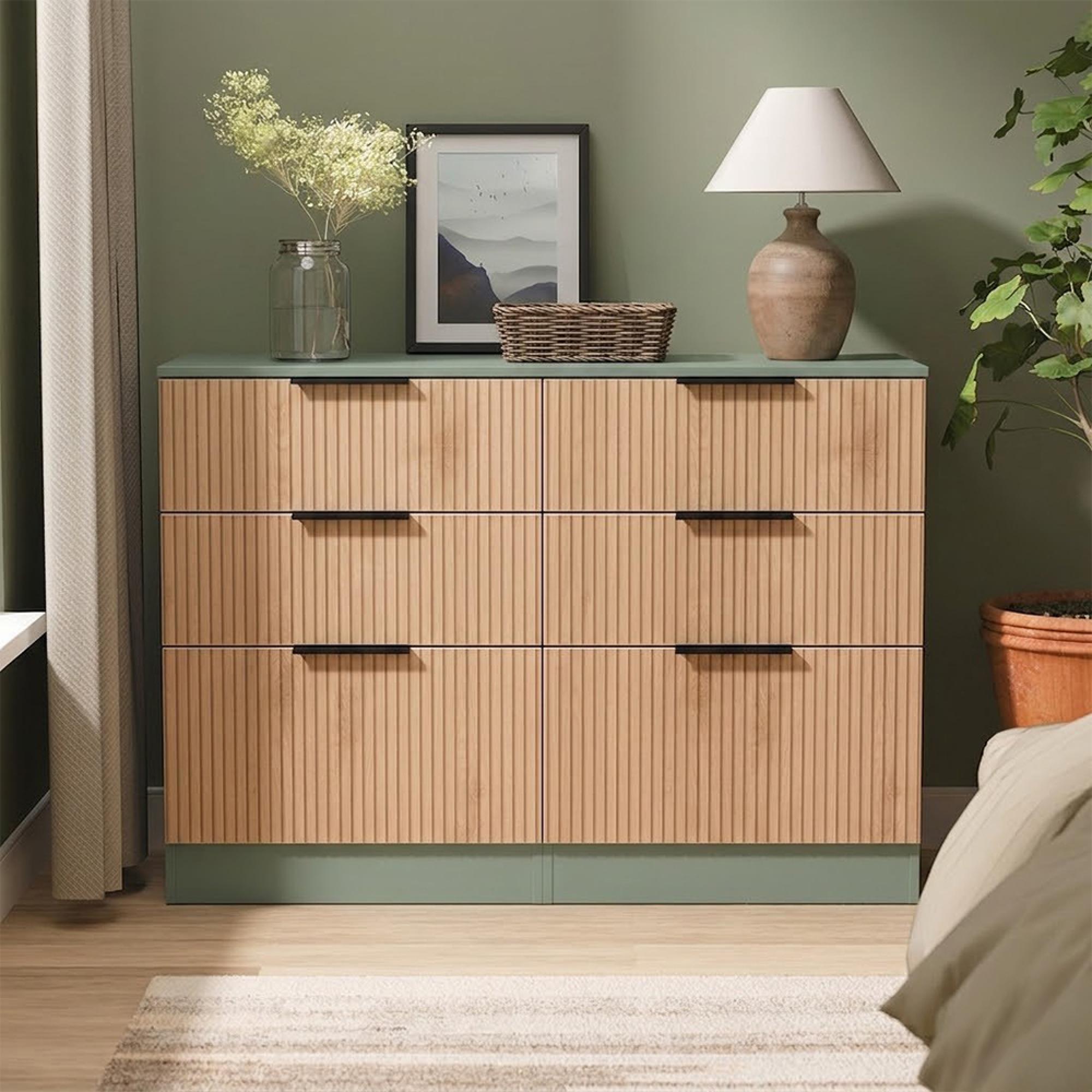 Java Fluted Chest - 6 Drawer - Midi - Natural and Reed Green