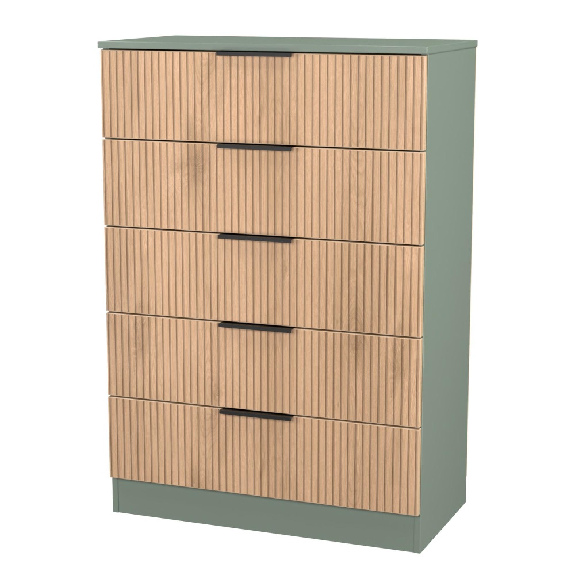 Java Fluted Chest - 5 Drawer - Wide - Natural and Reed Green