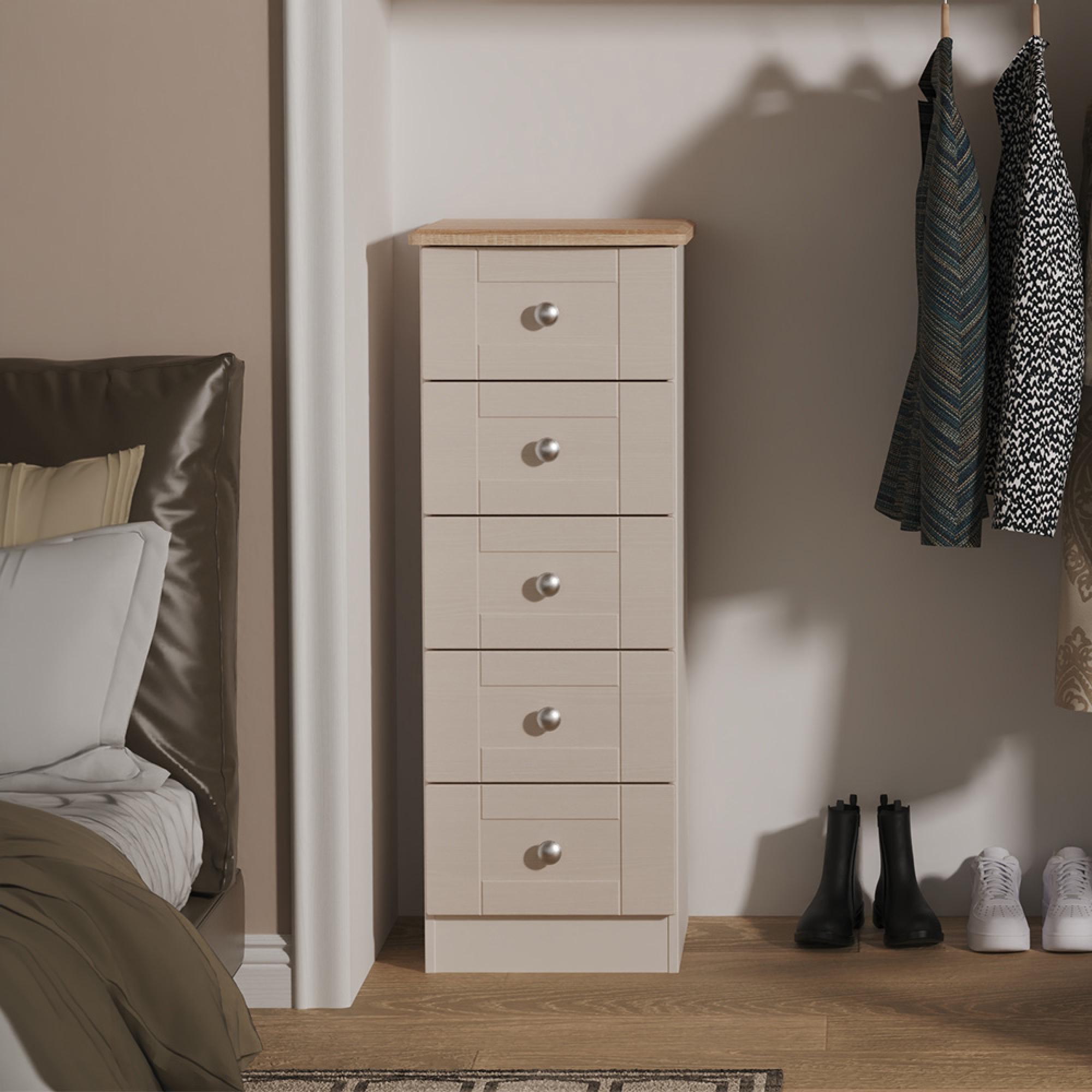Sussex Narrow Chest - 5 Drawer - Cashmere and Oak