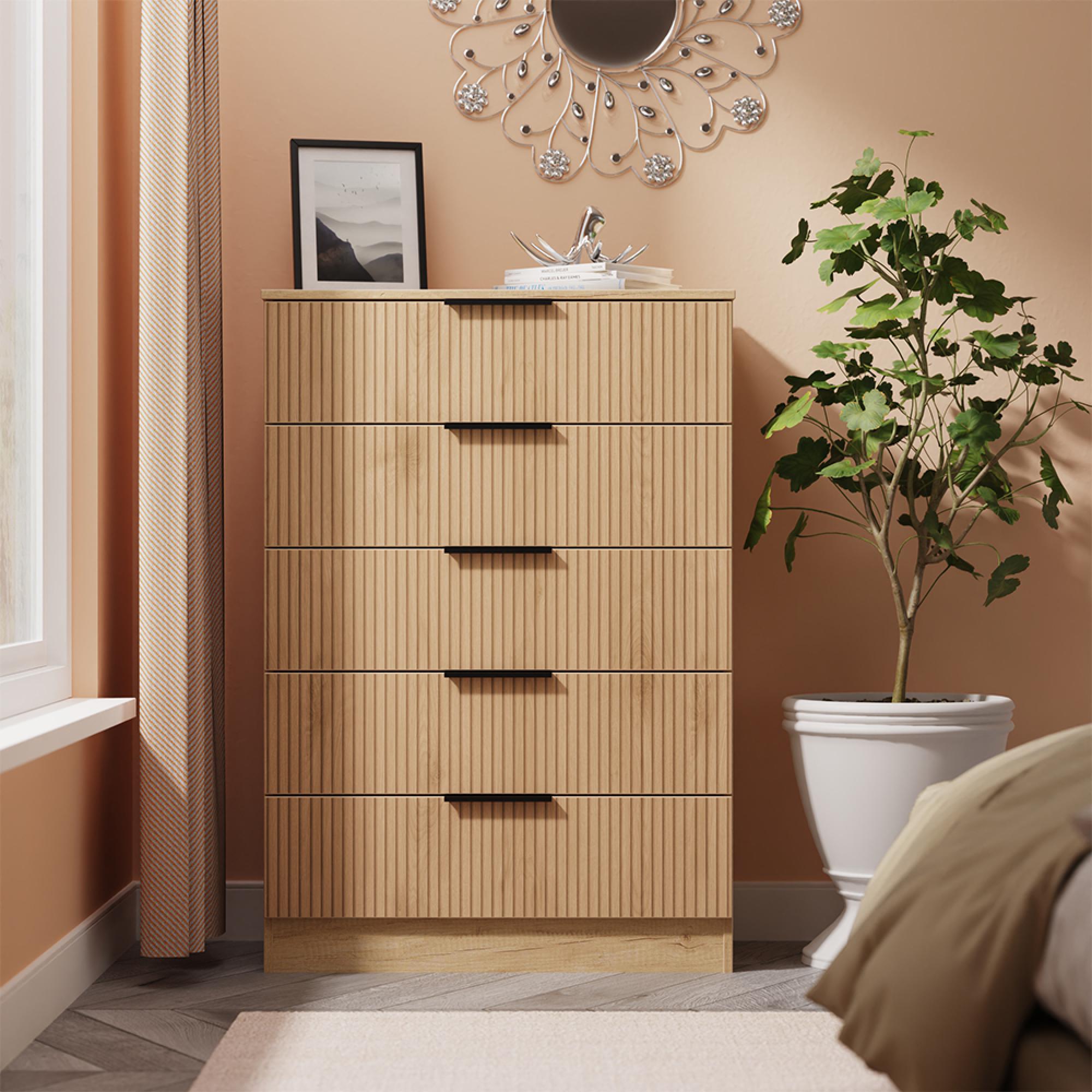 Java Fluted Chest - 5 Drawer - Wide - Natural and Nebraska