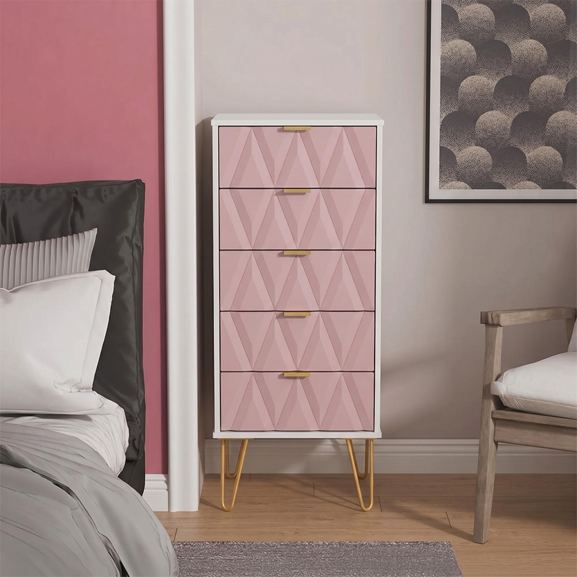 Diamond Narrow Chest - 5 Drawer - with Gold Hairpin Legs - Pink and White