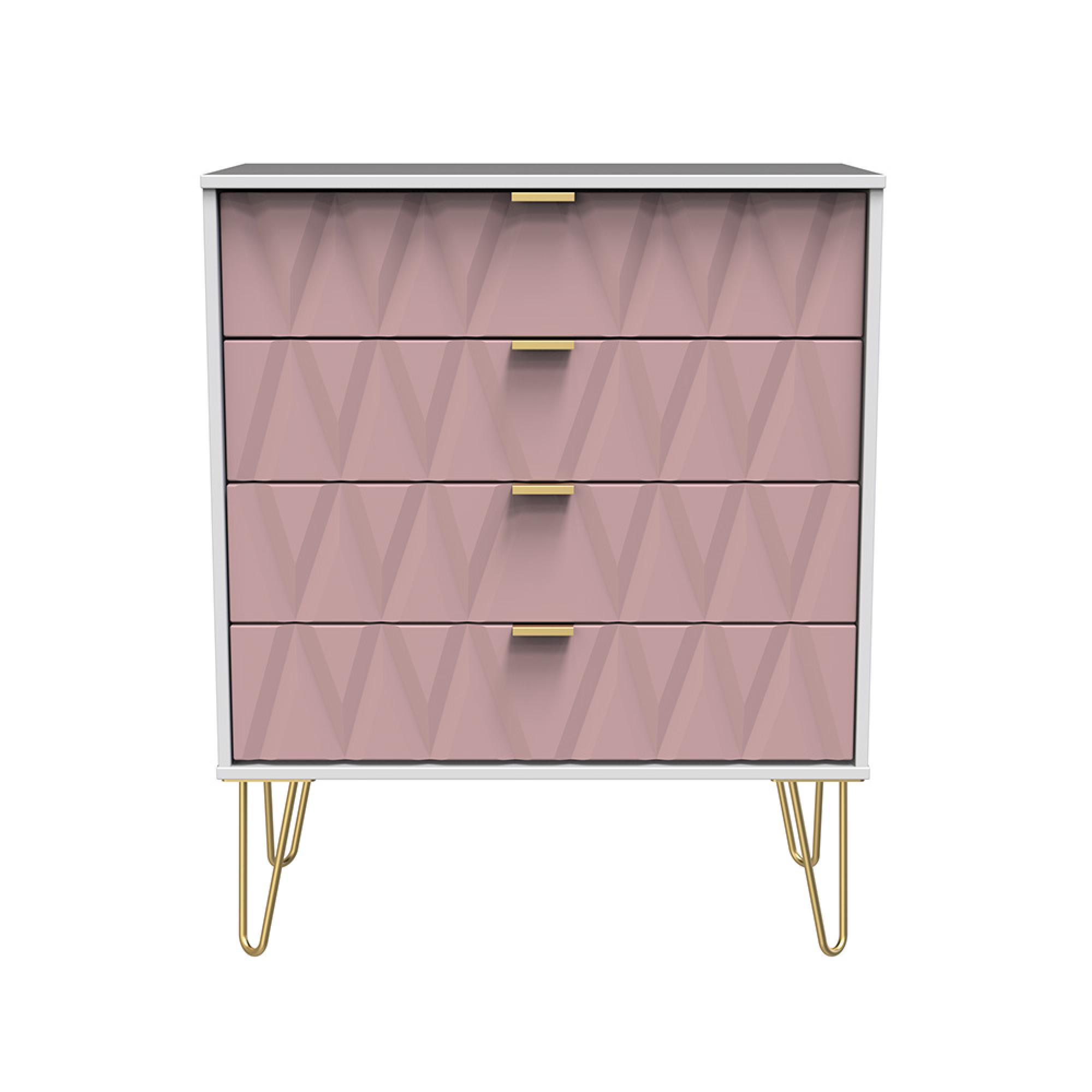 Diamond Chest - 4 Drawer - with Gold Hairpin Legs - Pink and White