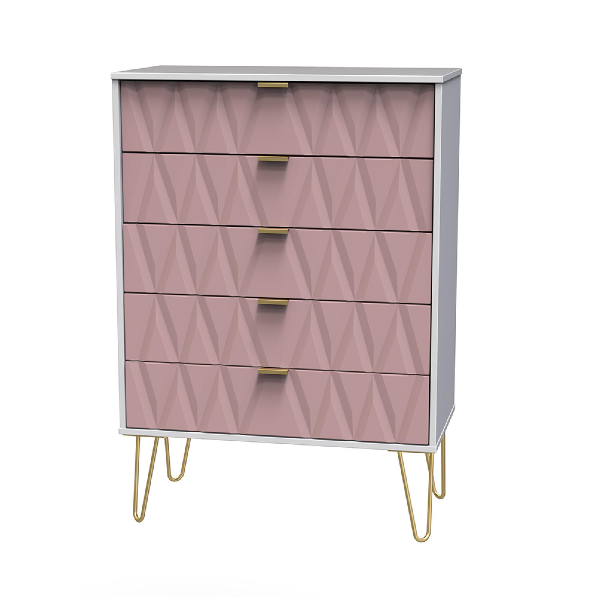 Diamond Chest - 5 Drawer - with Gold Hairpin Legs - Pink and White
