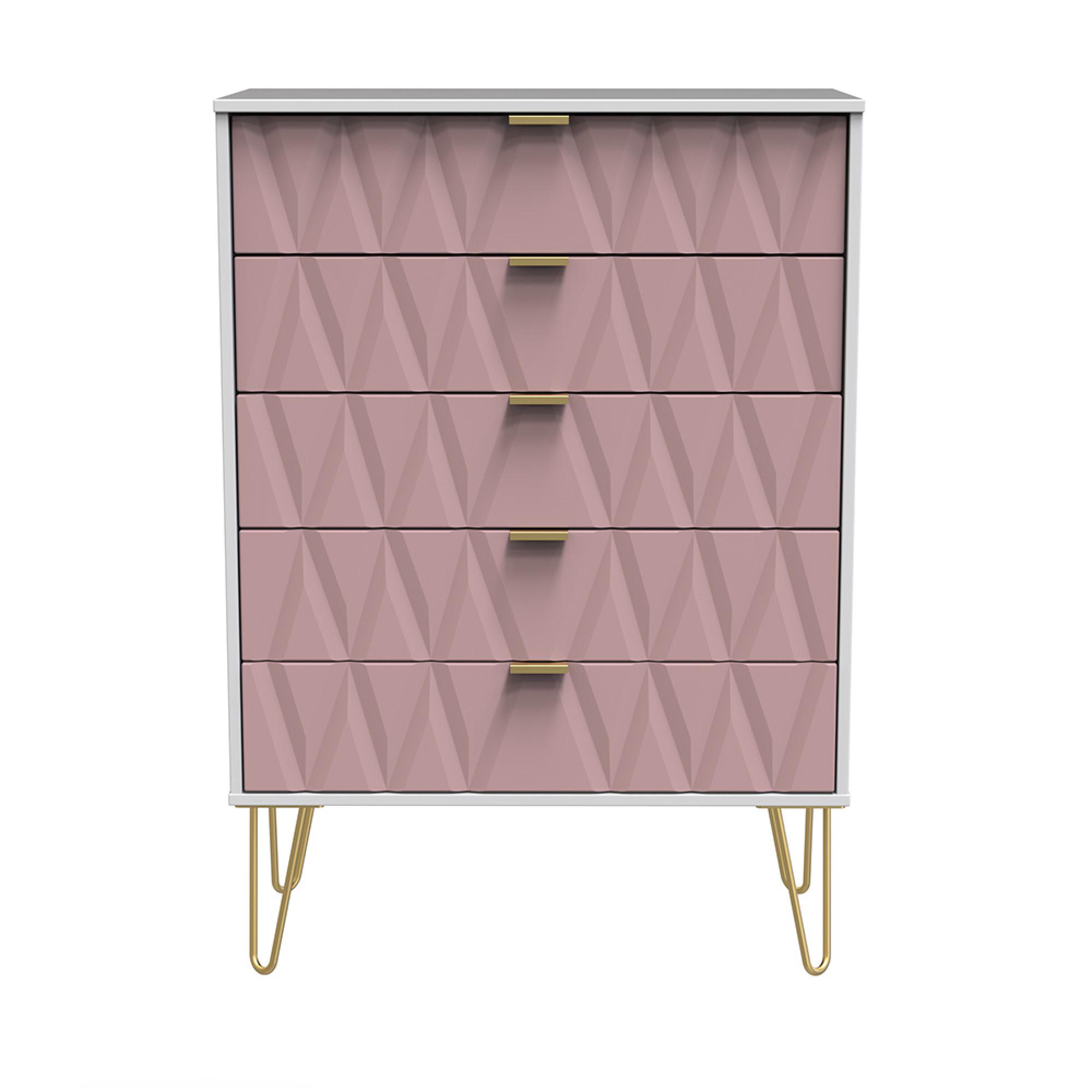 Diamond Chest - 5 Drawer - with Gold Hairpin Legs - Pink and White