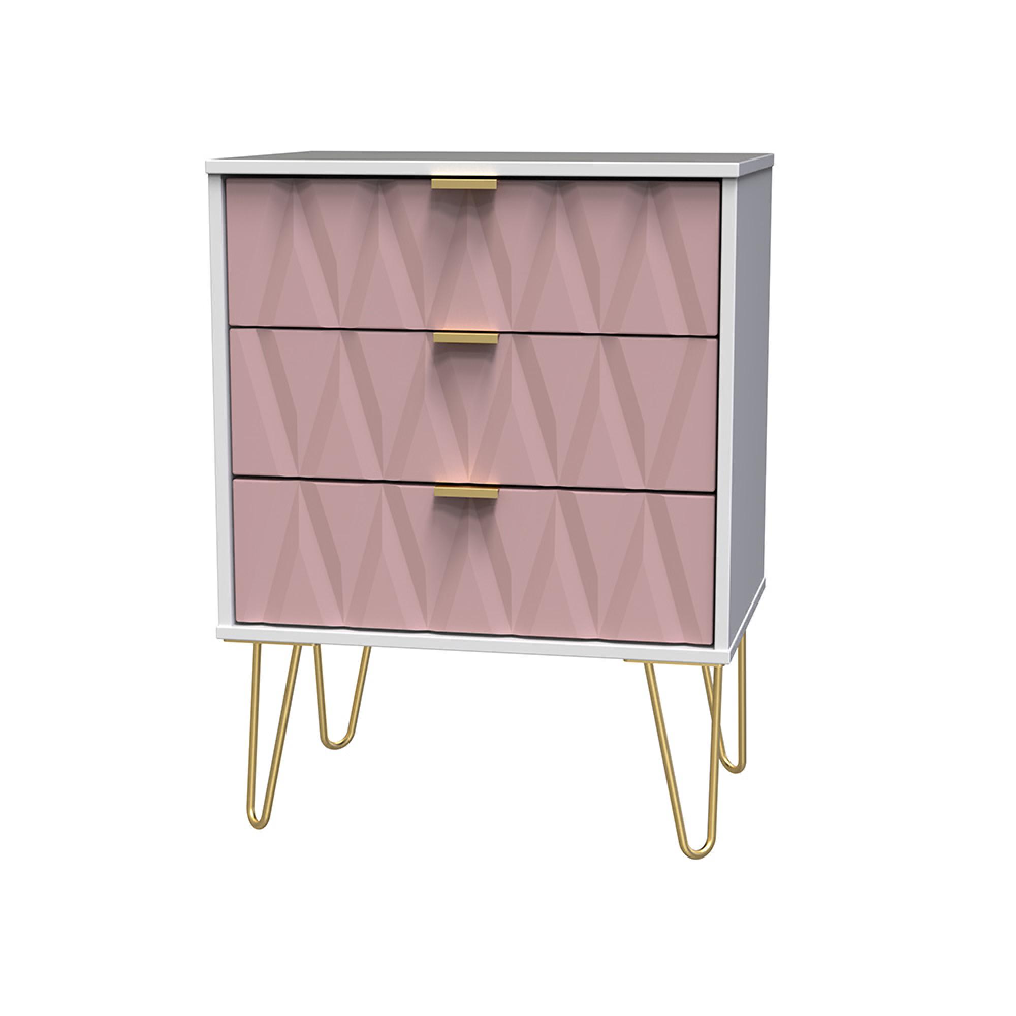 Diamond Midi Chest - 3 Drawer - with Gold Hairpin Legs - Pink and White