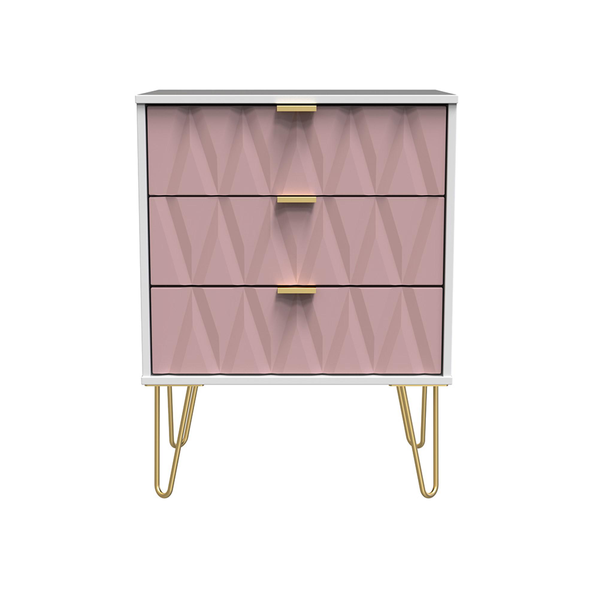 Diamond Midi Chest - 3 Drawer - with Gold Hairpin Legs - Pink and White