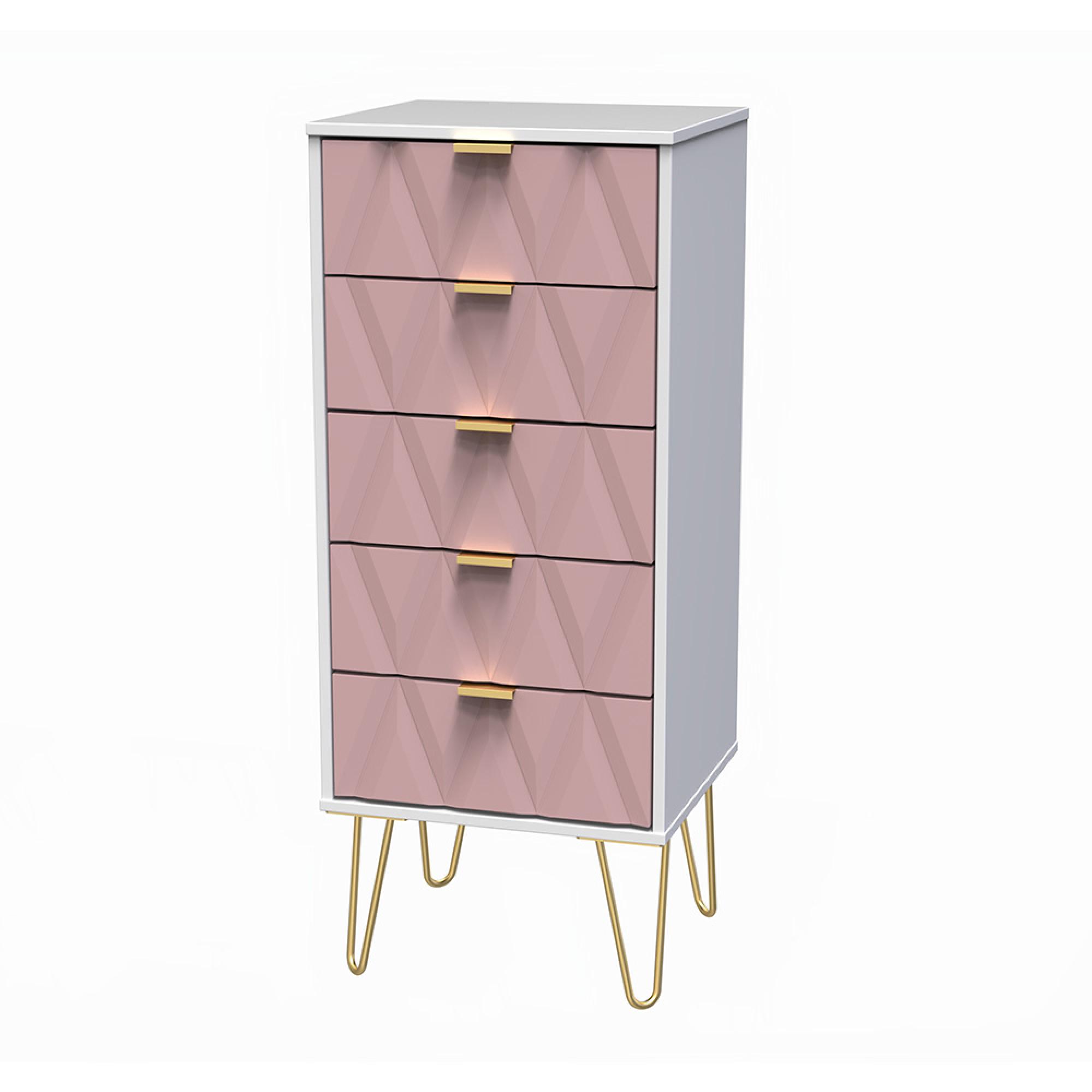 Diamond Narrow Chest - 5 Drawer - with Gold Hairpin Legs - Pink and White