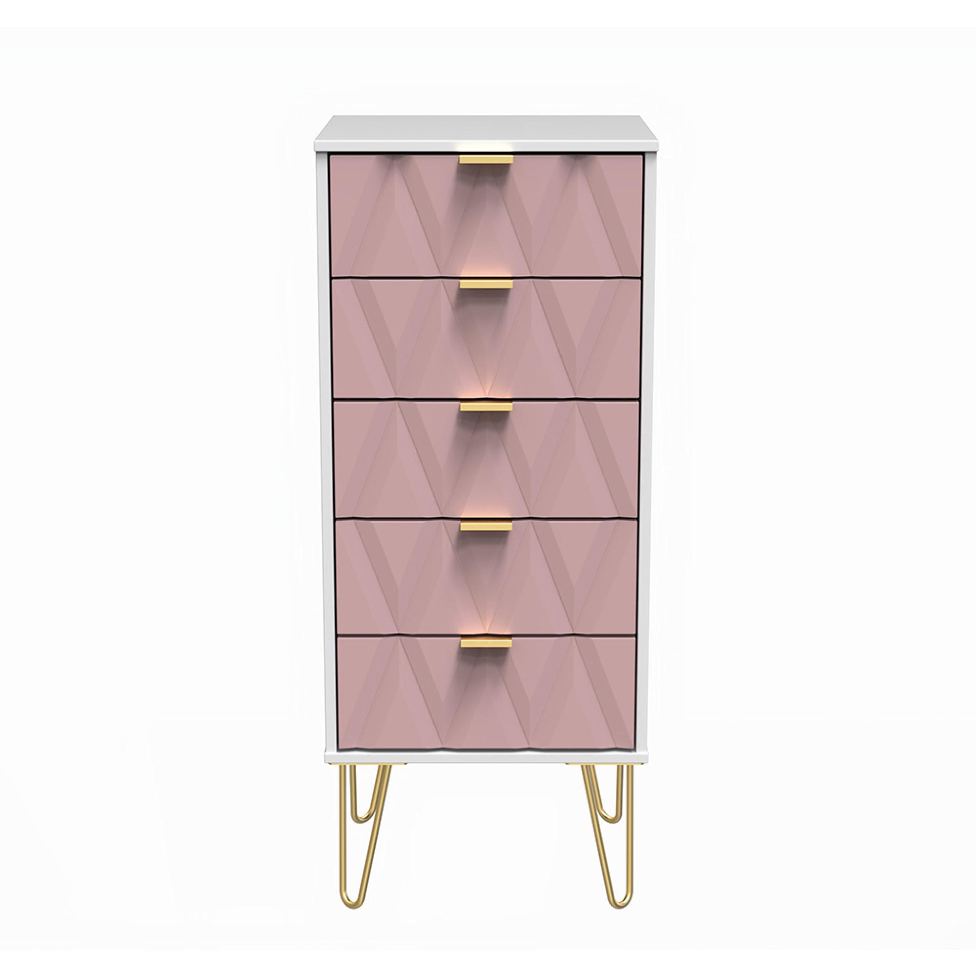 Diamond Narrow Chest - 5 Drawer - with Gold Hairpin Legs - Pink and White