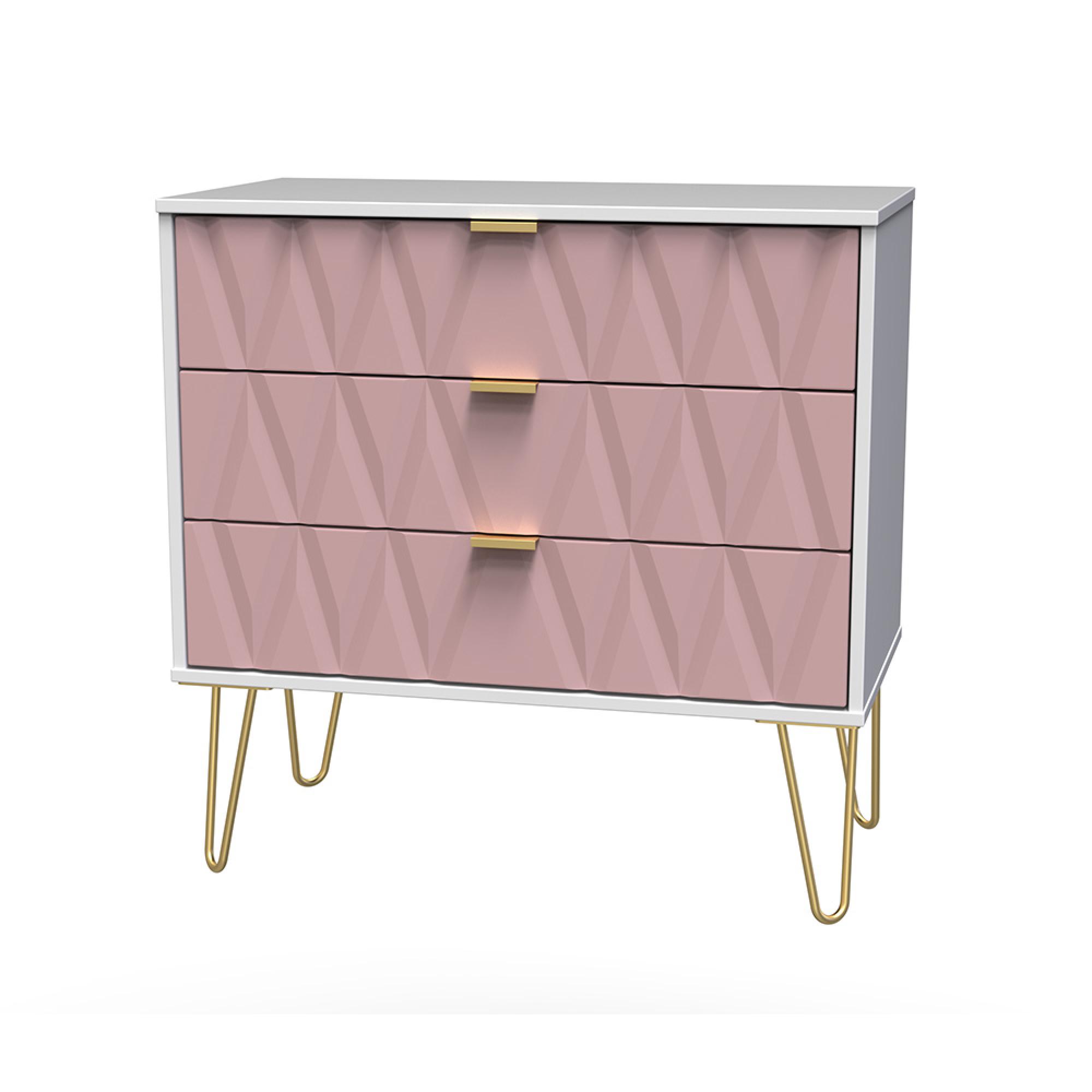 Diamond Small Chest - 3 Drawer - with Gold Hairpin Legs - Pink and White