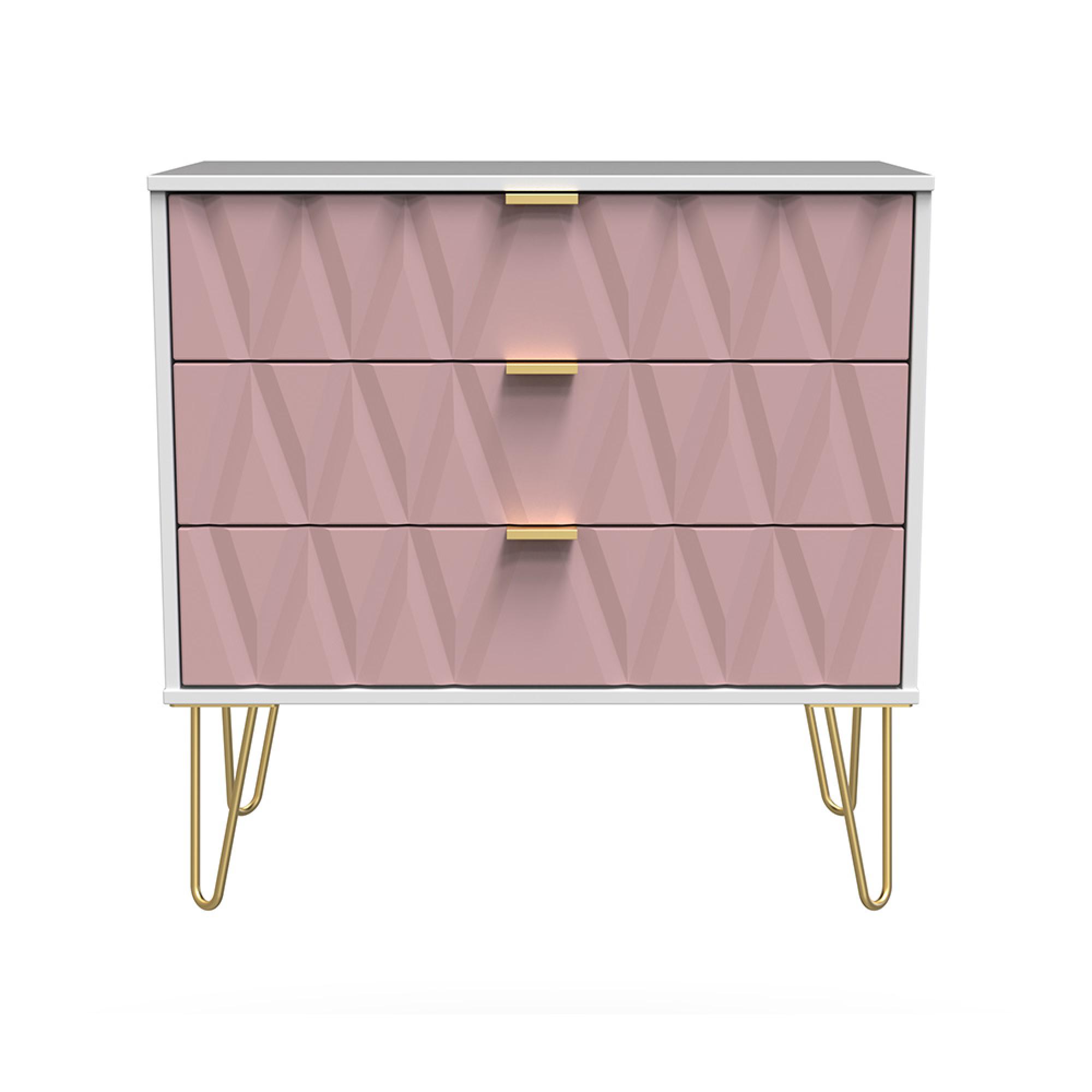 Diamond Small Chest - 3 Drawer - with Gold Hairpin Legs - Pink and White