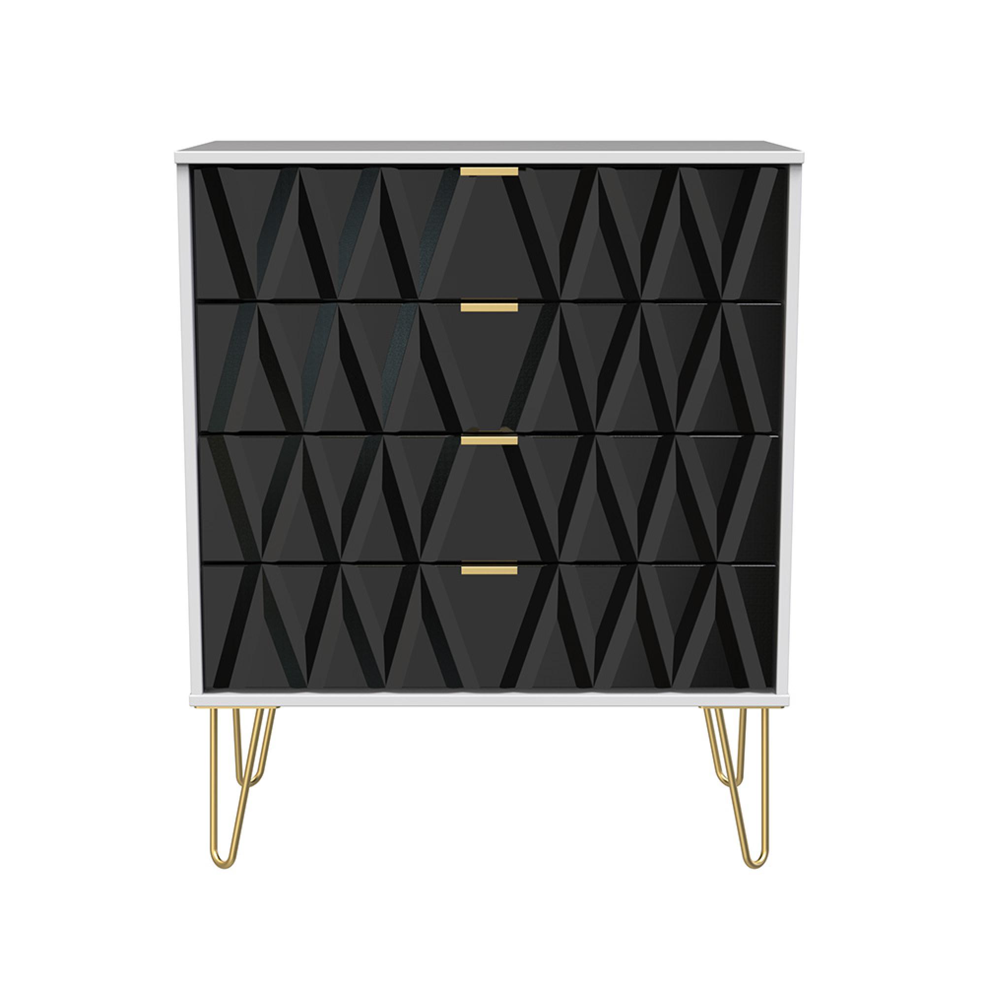 Diamond Chest - 4 Drawer - with Gold Hairpin Legs - Black and White