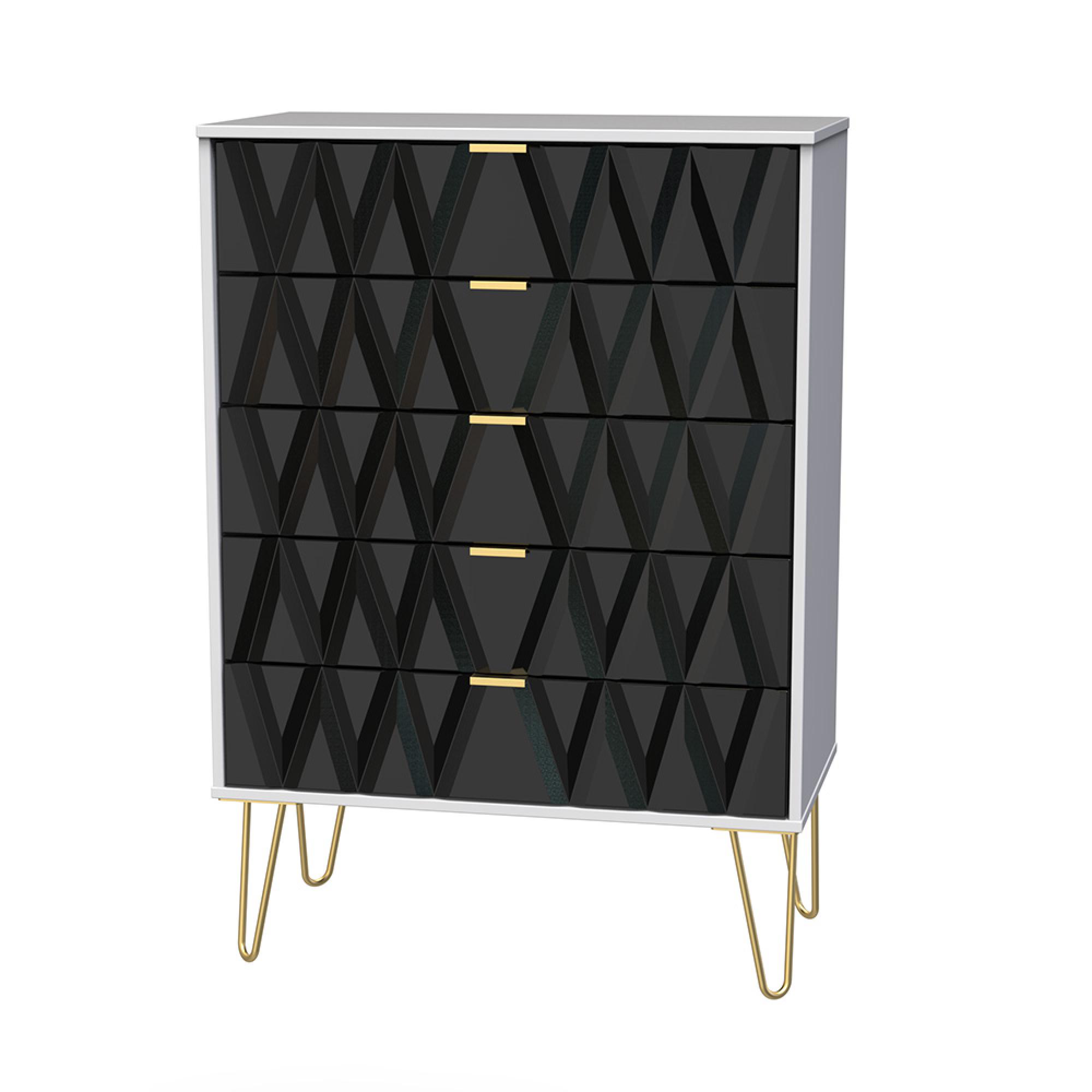 Diamond Chest - 5 Drawer - with Gold Hairpin Legs - Black and White
