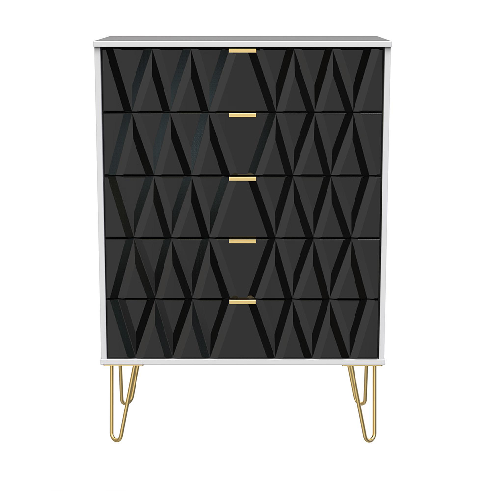 Diamond Chest - 5 Drawer - with Gold Hairpin Legs - Black and White