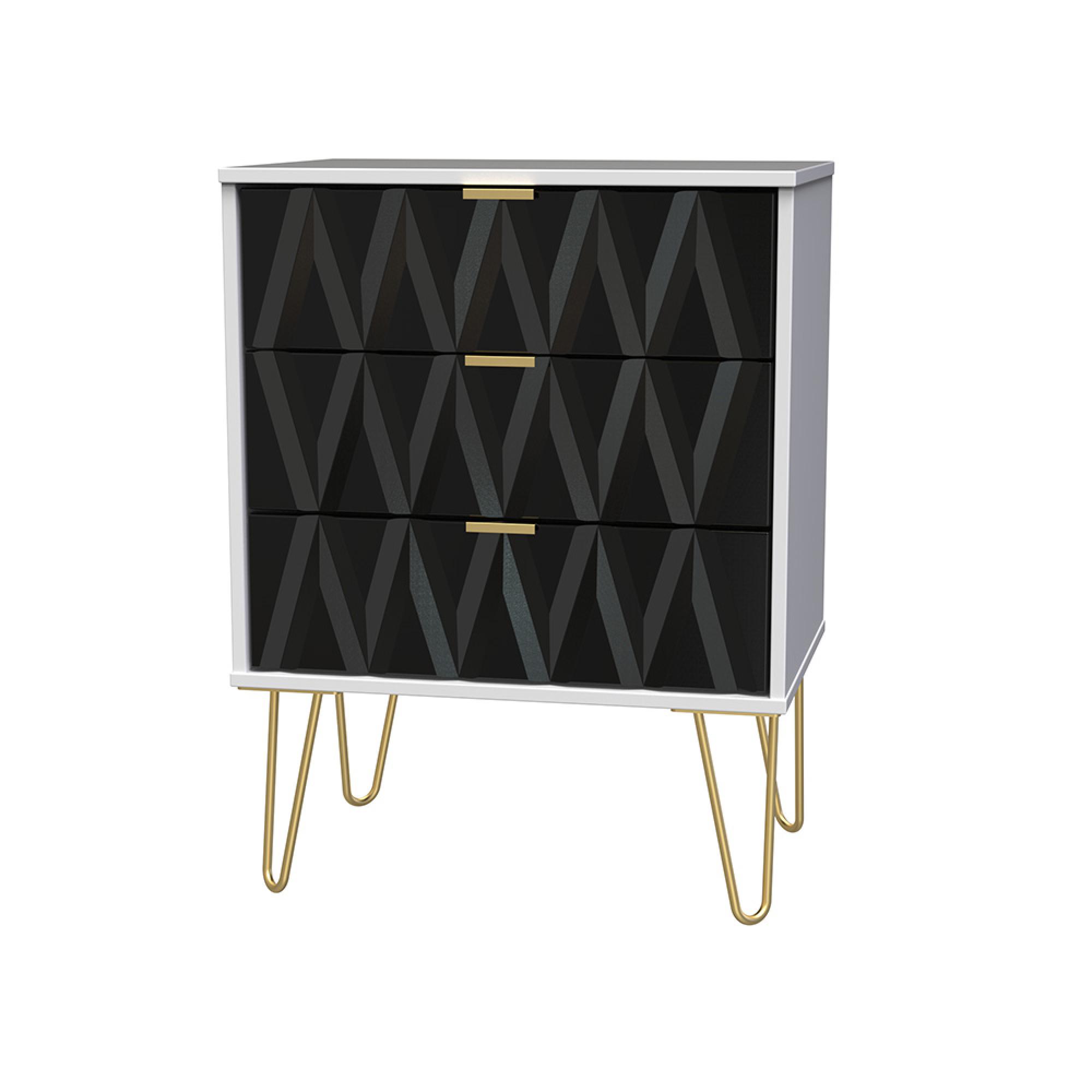 Diamond Midi Chest - 3 Drawer - with Gold Hairpin Legs - Black and White