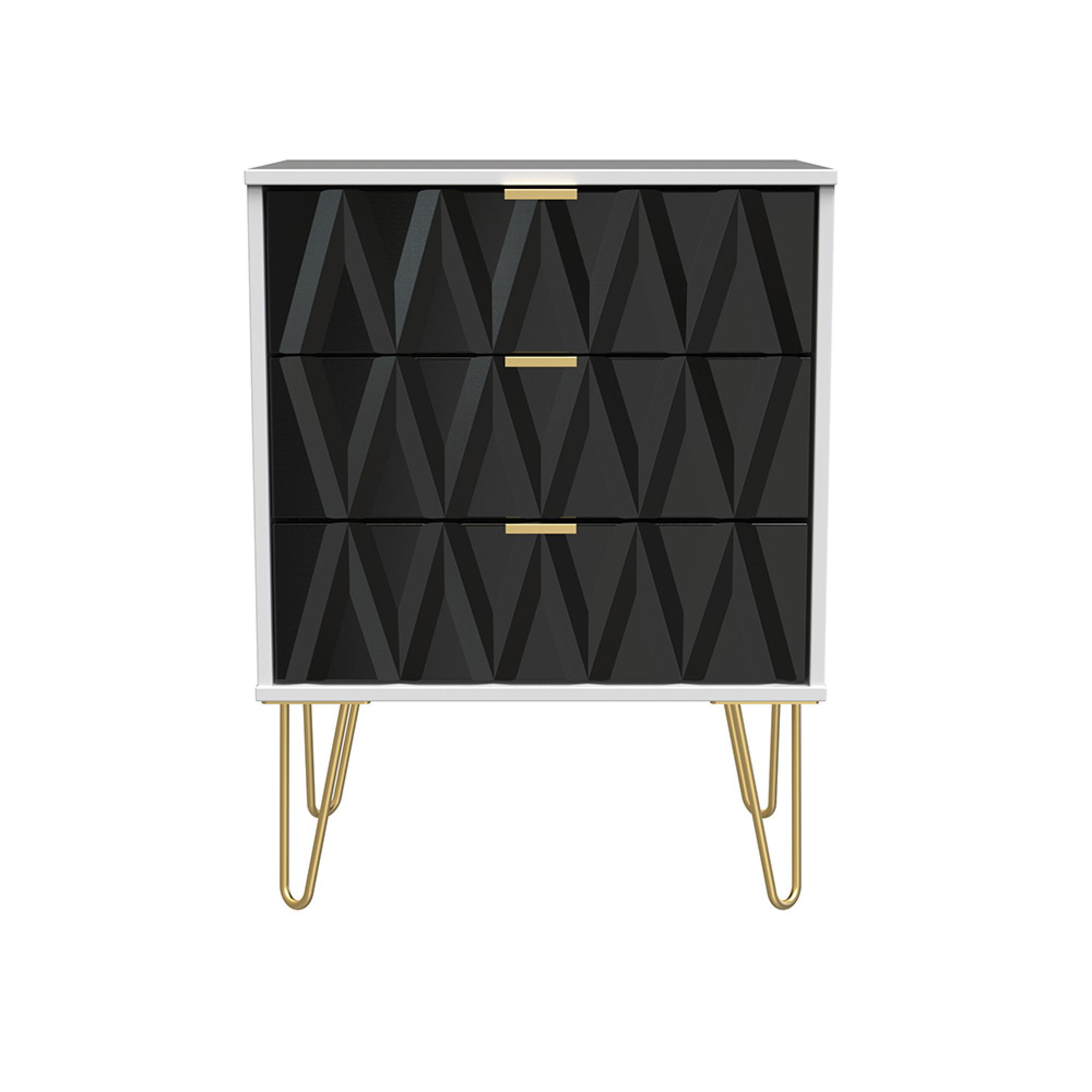 Diamond Midi Chest - 3 Drawer - with Gold Hairpin Legs - Black and White
