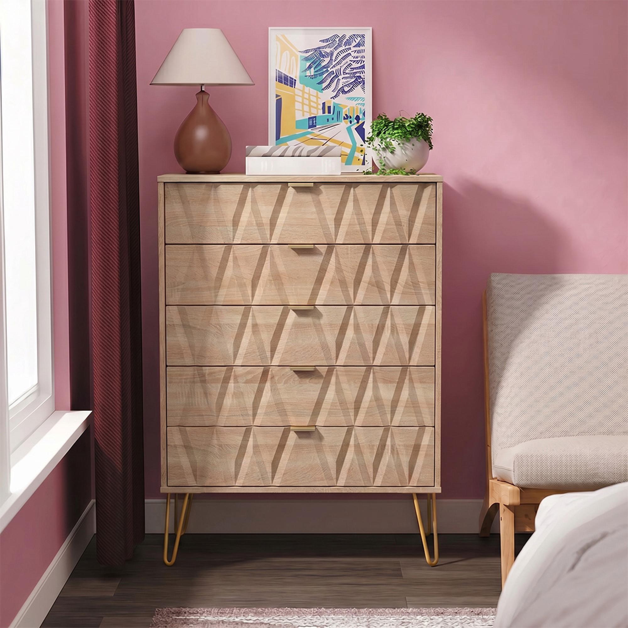 Diamond Chest - 5 Drawer - with Gold Hairpin Legs - Oak