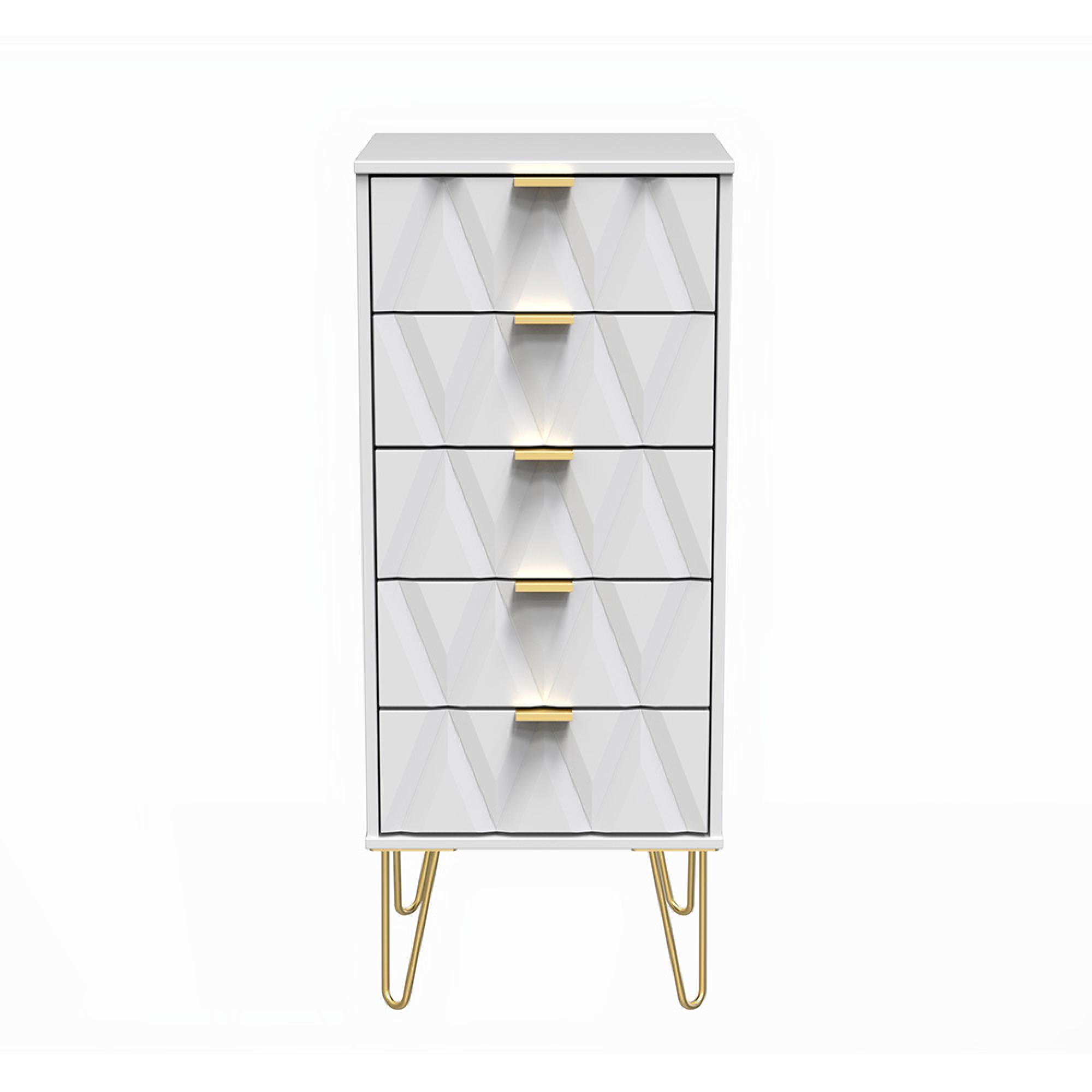 Diamond Narrow Chest - 5 Drawer - with Gold Hairpin Legs - White