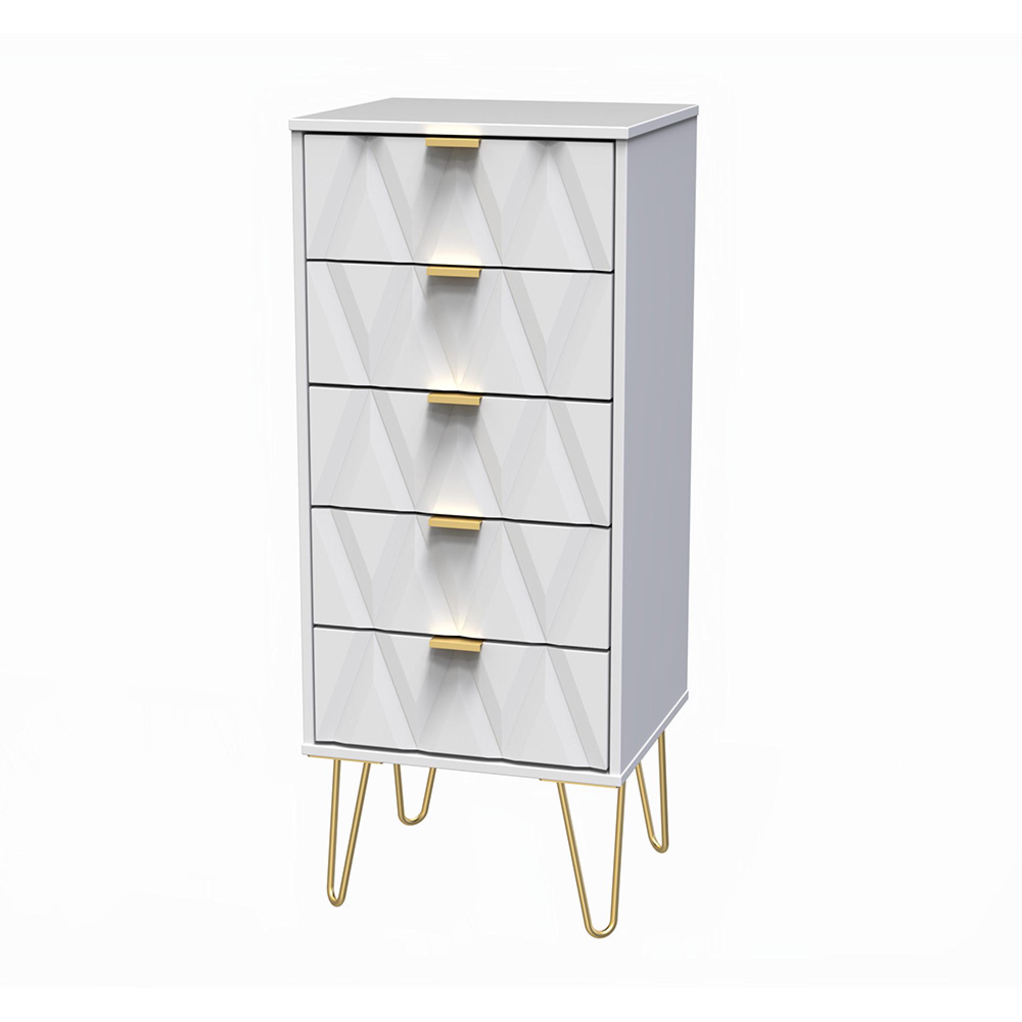 Diamond Narrow Chest - 5 Drawer - with Gold Hairpin Legs - White