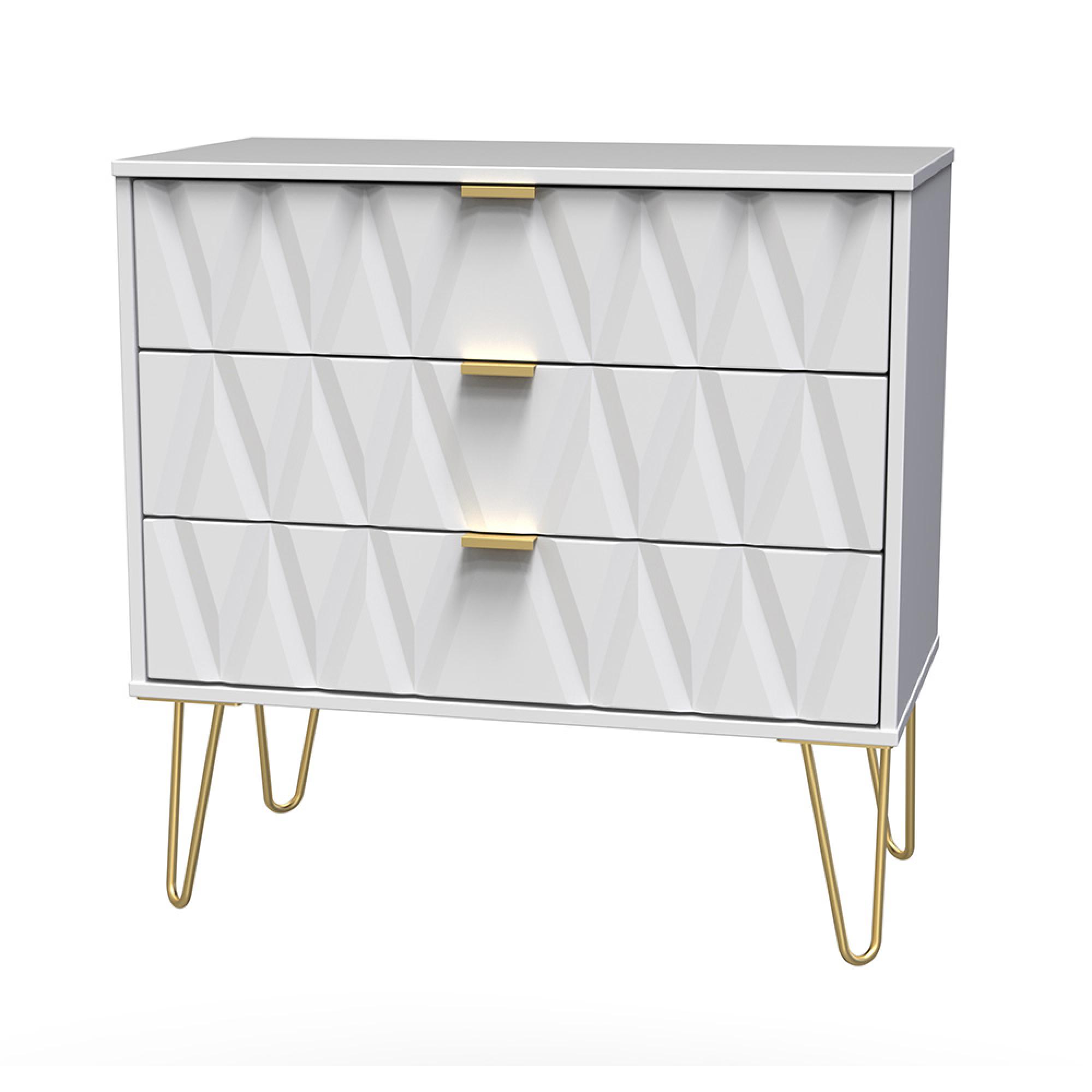 Diamond Small Chest - 3 Drawer - with Gold Hairpin Legs - White