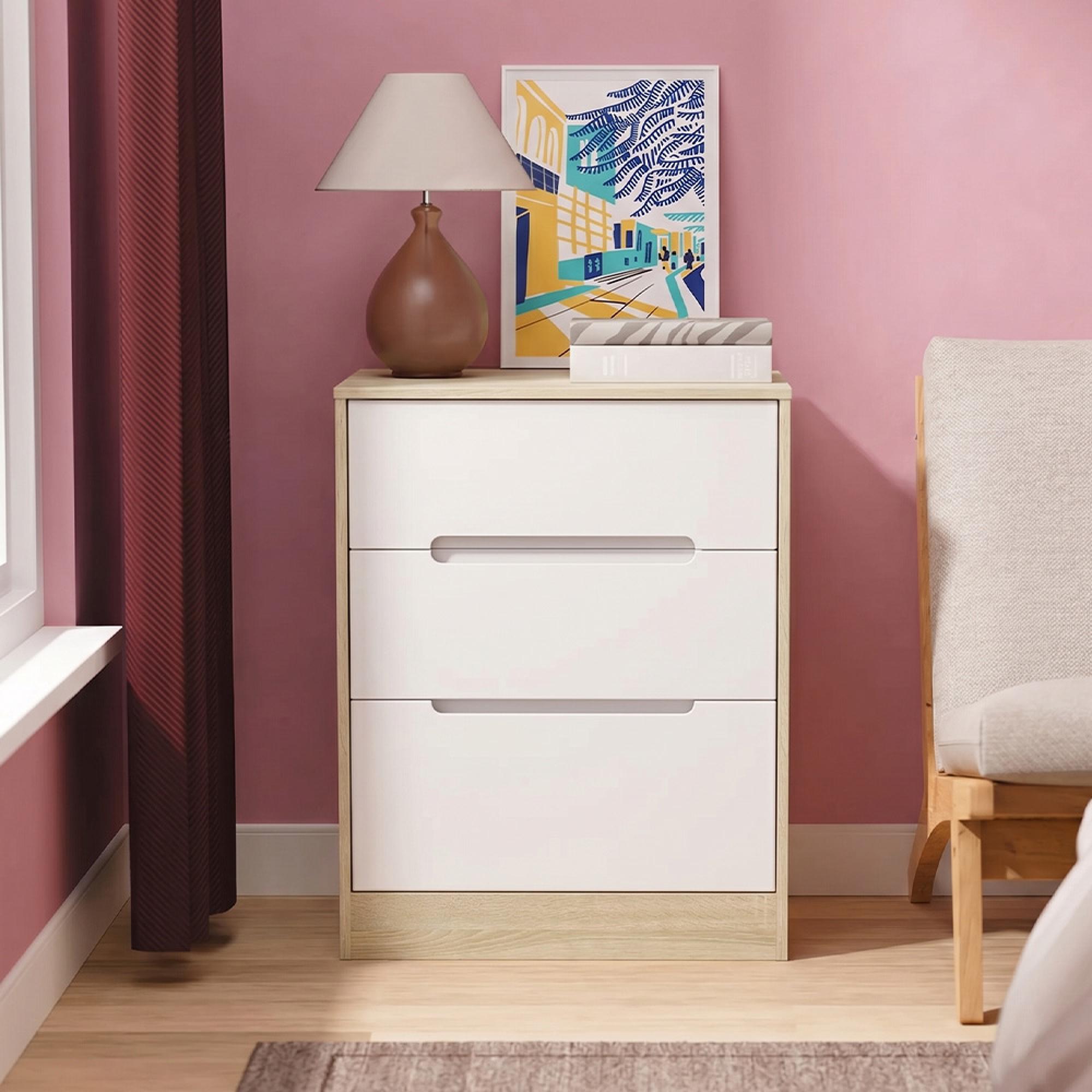 Monaco Chest - Deep Midi - 3 Drawer - White Matt and Oak