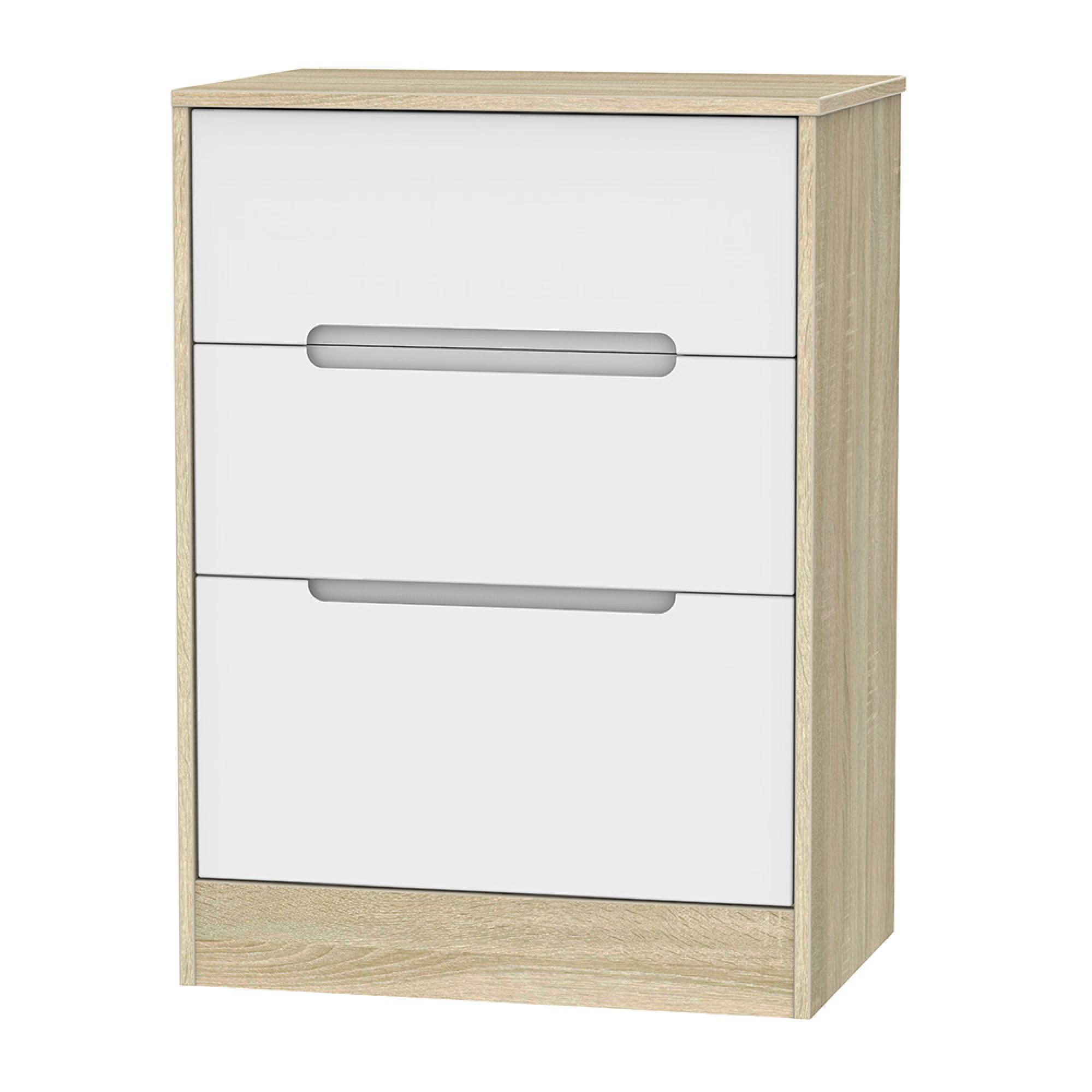 Monaco Chest - Deep Midi - 3 Drawer - White Matt and Oak
