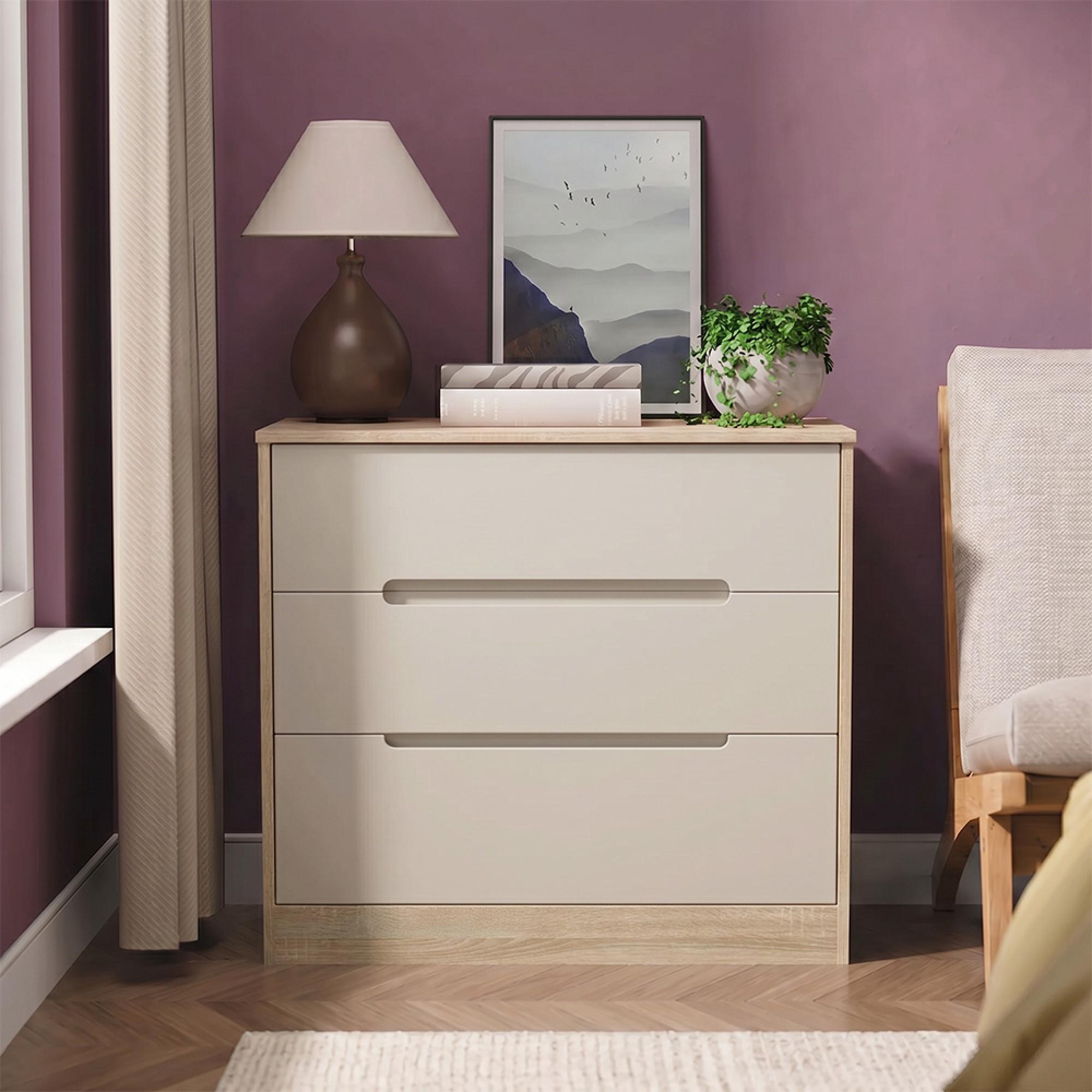 Monaco Chest - Deep - 3 Drawer - Cashmere and Oak