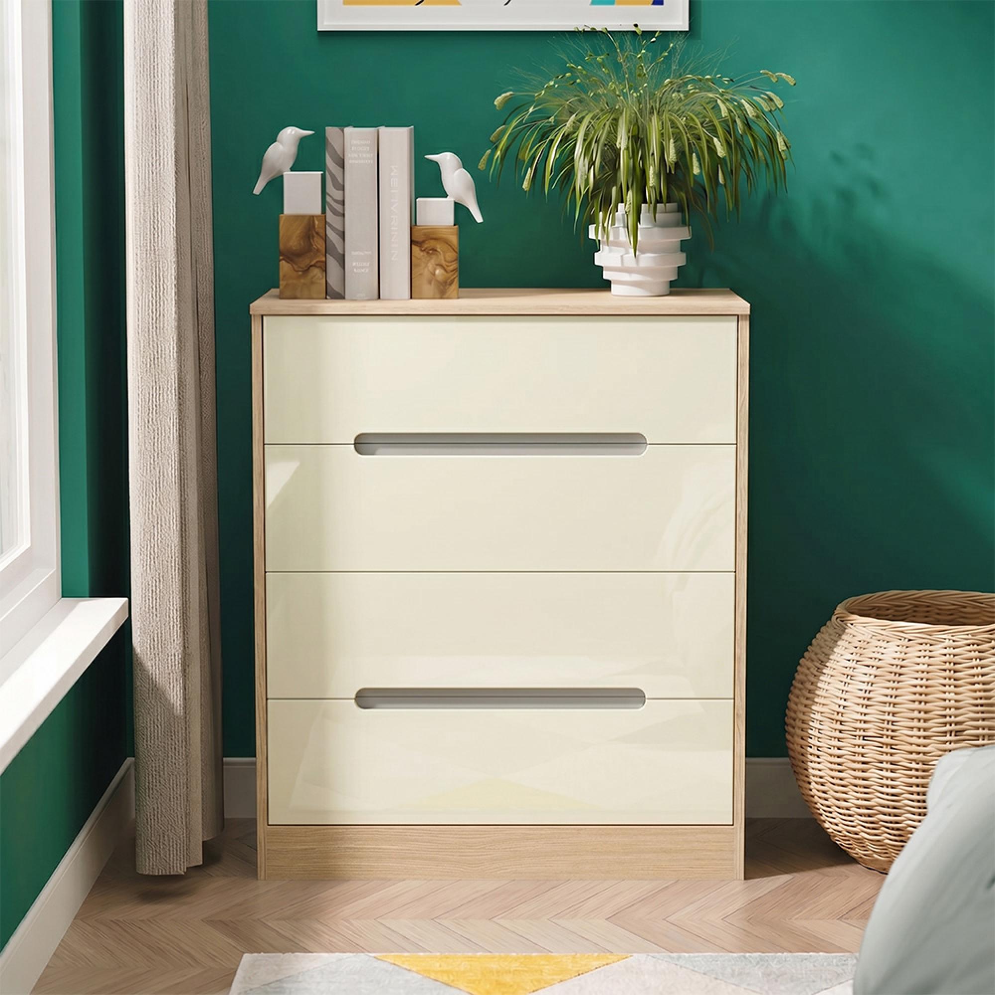 Monaco Chest - Deep - 4 Drawer - Cream Gloss and Light Oak