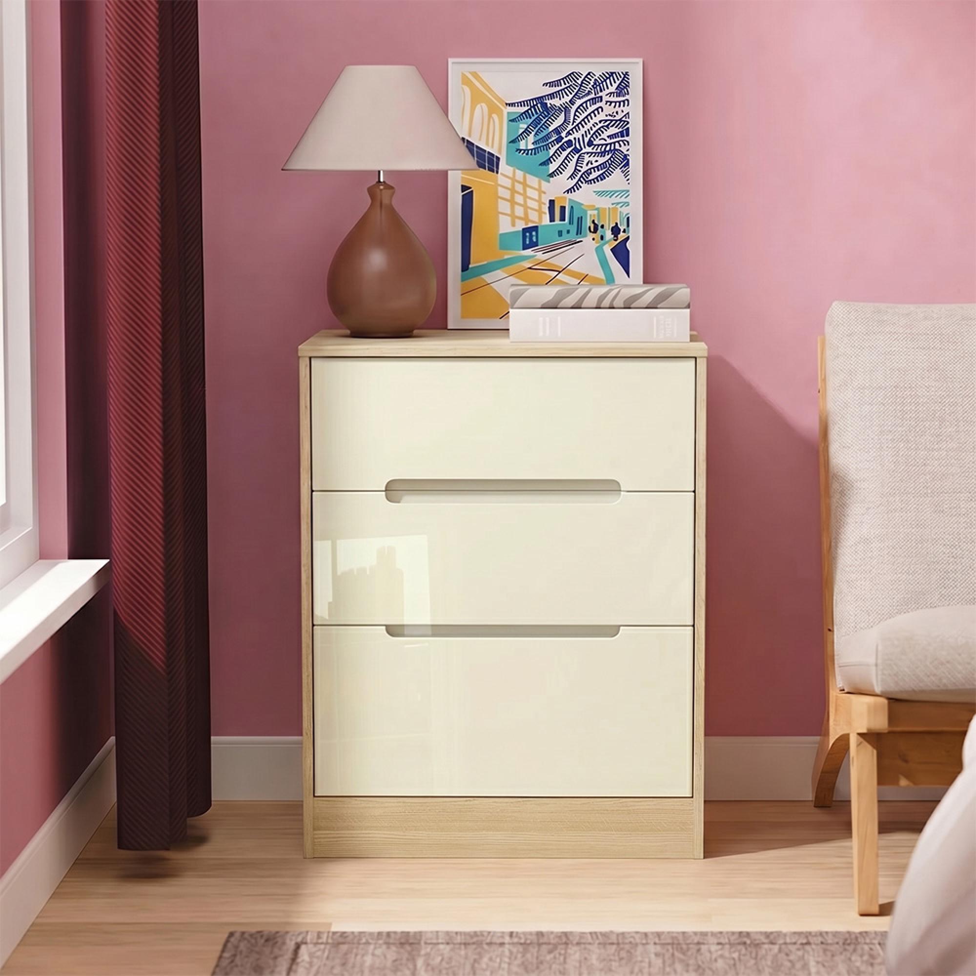 Monaco Chest - Deep Midi - 3 Drawer - Cream Gloss and Light Oak