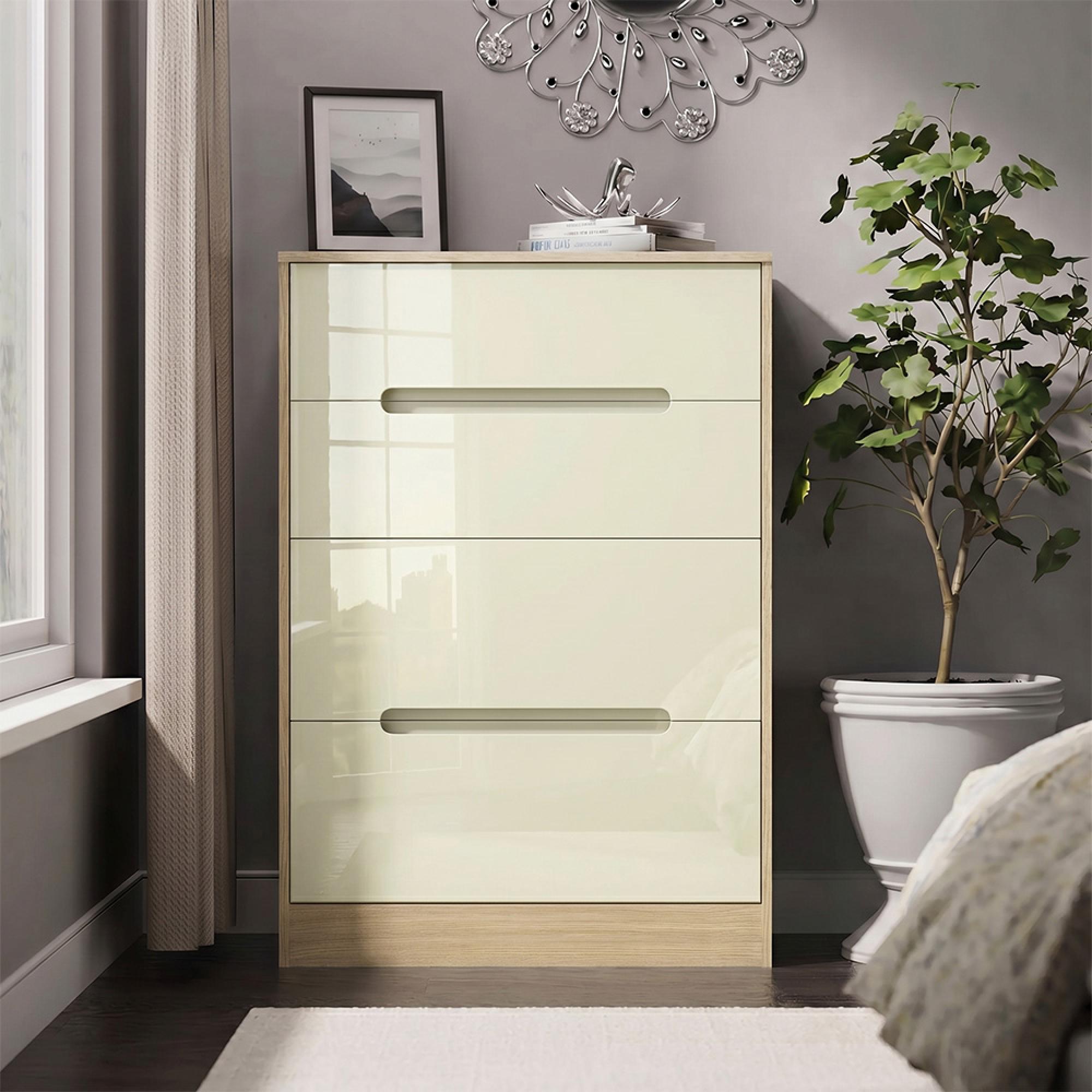 Monaco Chest - Deep Midi - 4 Drawer - Cream Gloss and Light Oak