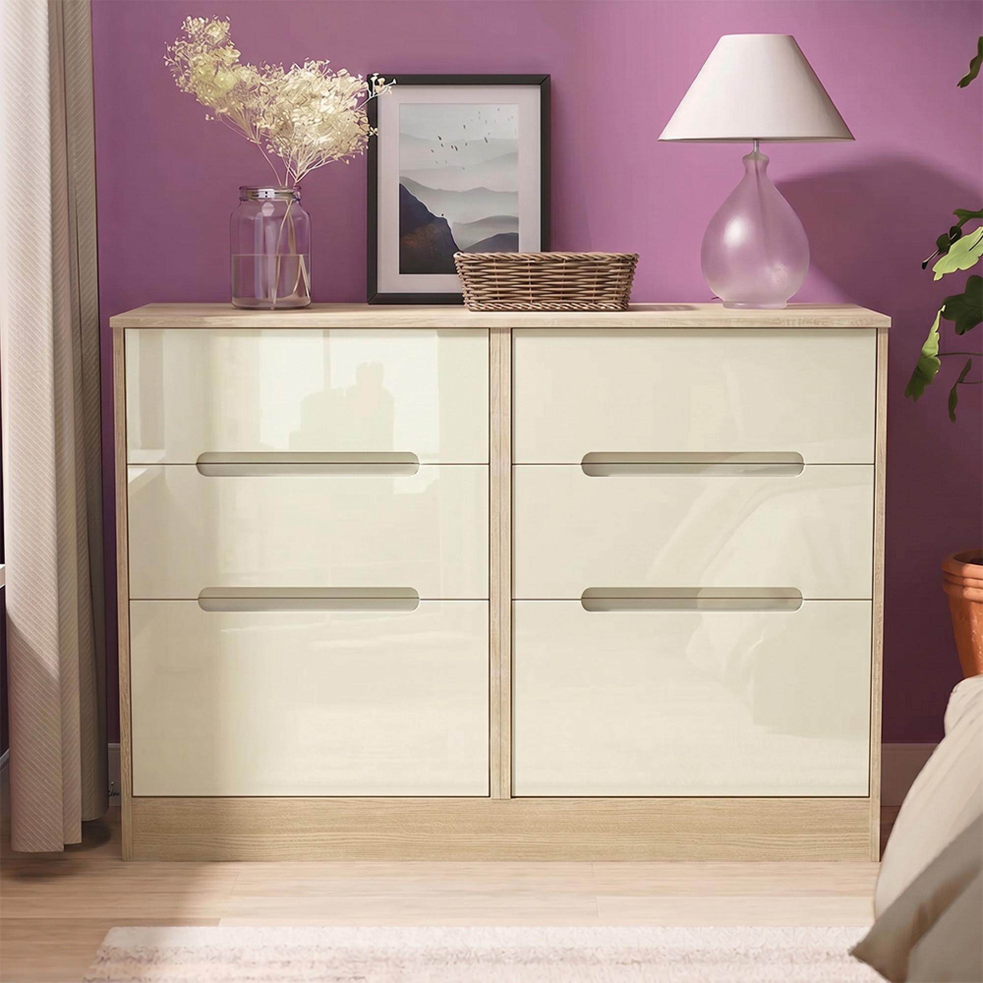 Monaco Chest - Midi - 6 Drawer - Cream Gloss and Light Oak