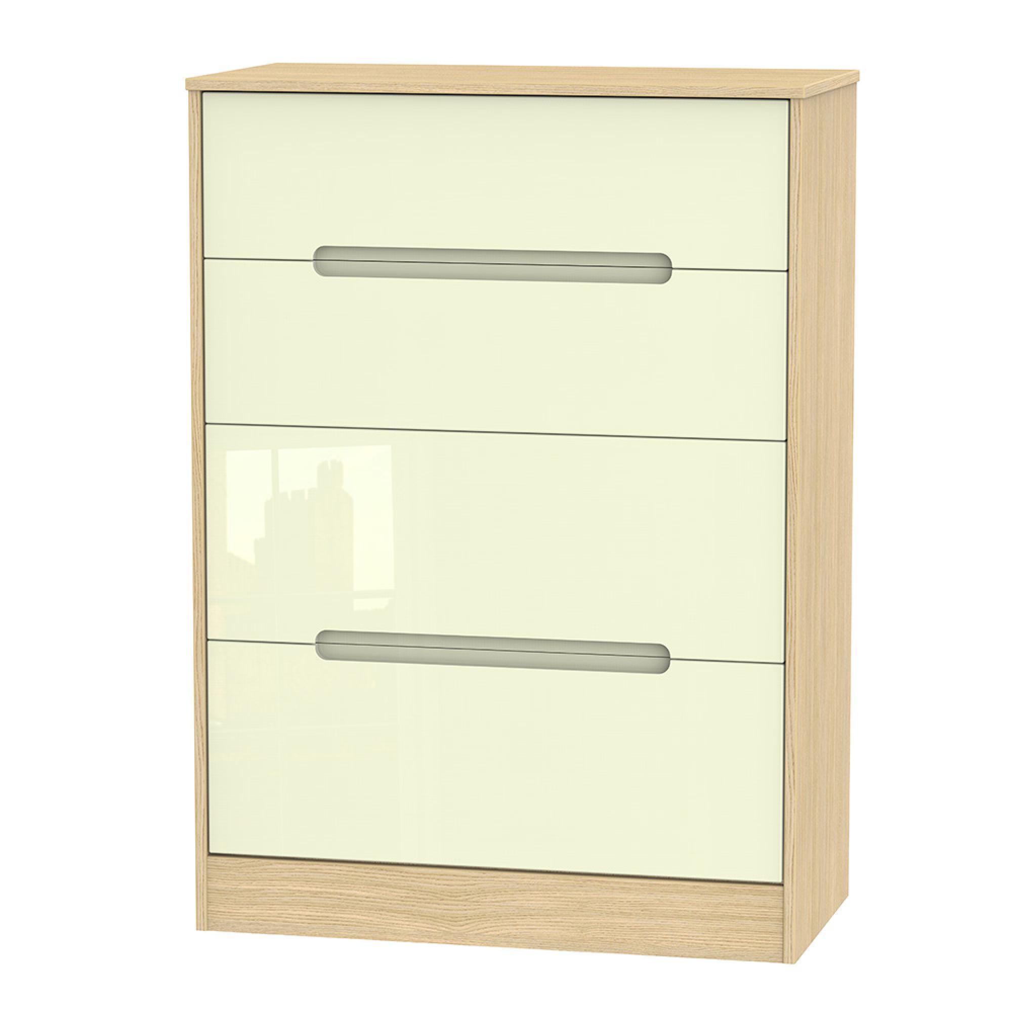Monaco Chest - Deep - 4 Drawer - Cream Gloss and Light Oak