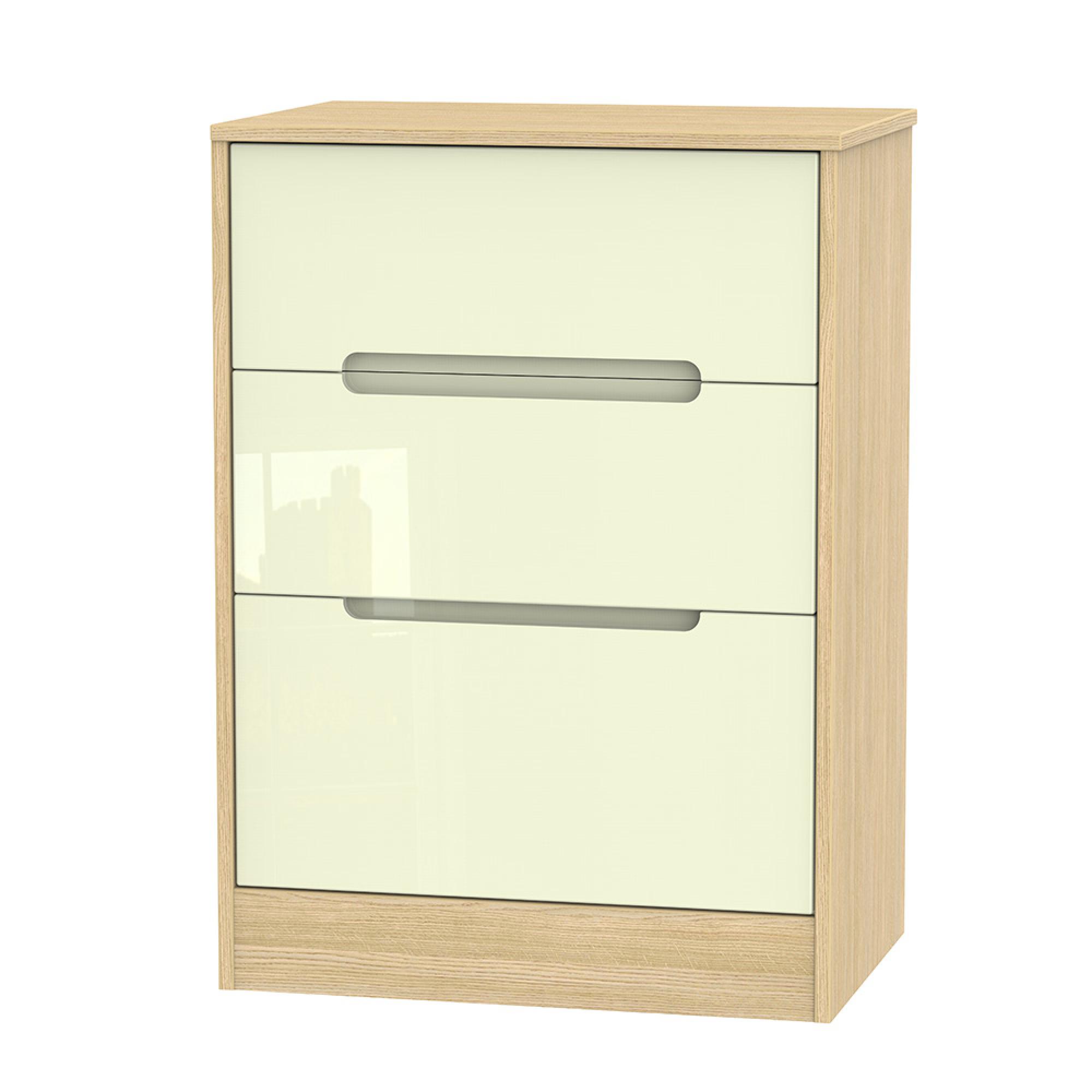 Monaco Chest - Deep Midi - 3 Drawer - Cream Gloss and Light Oak