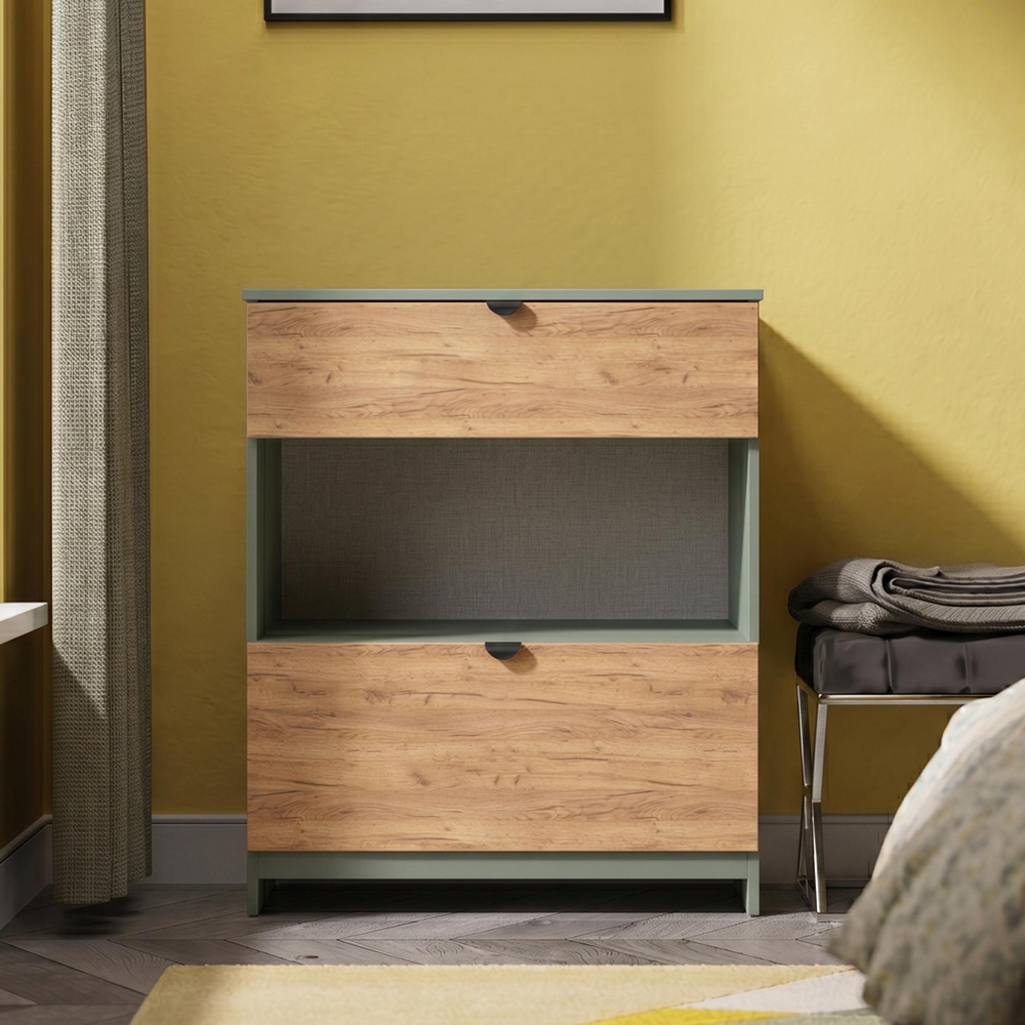 Bora Chest - 2 Drawer - Deep - Gold Craft Oak and Reed Green