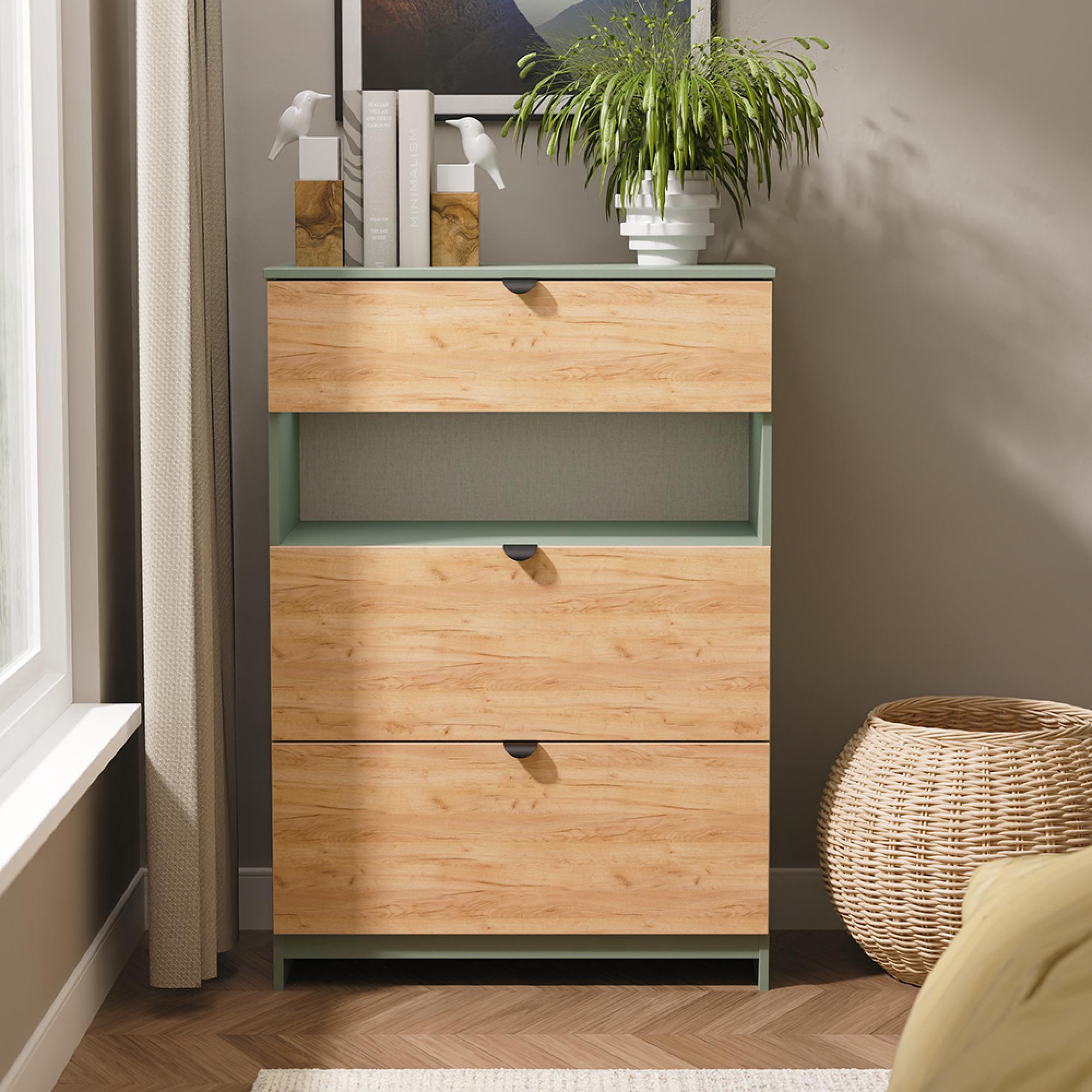Bora Chest - 3 Drawer - Deep - Gold Craft Oak and Reed Green
