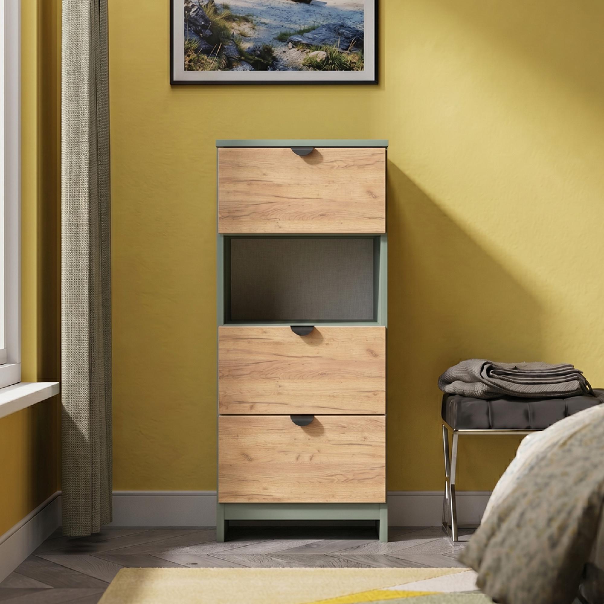 Bora Chest - 3 Drawer - Gold Craft Oak and Reed Green