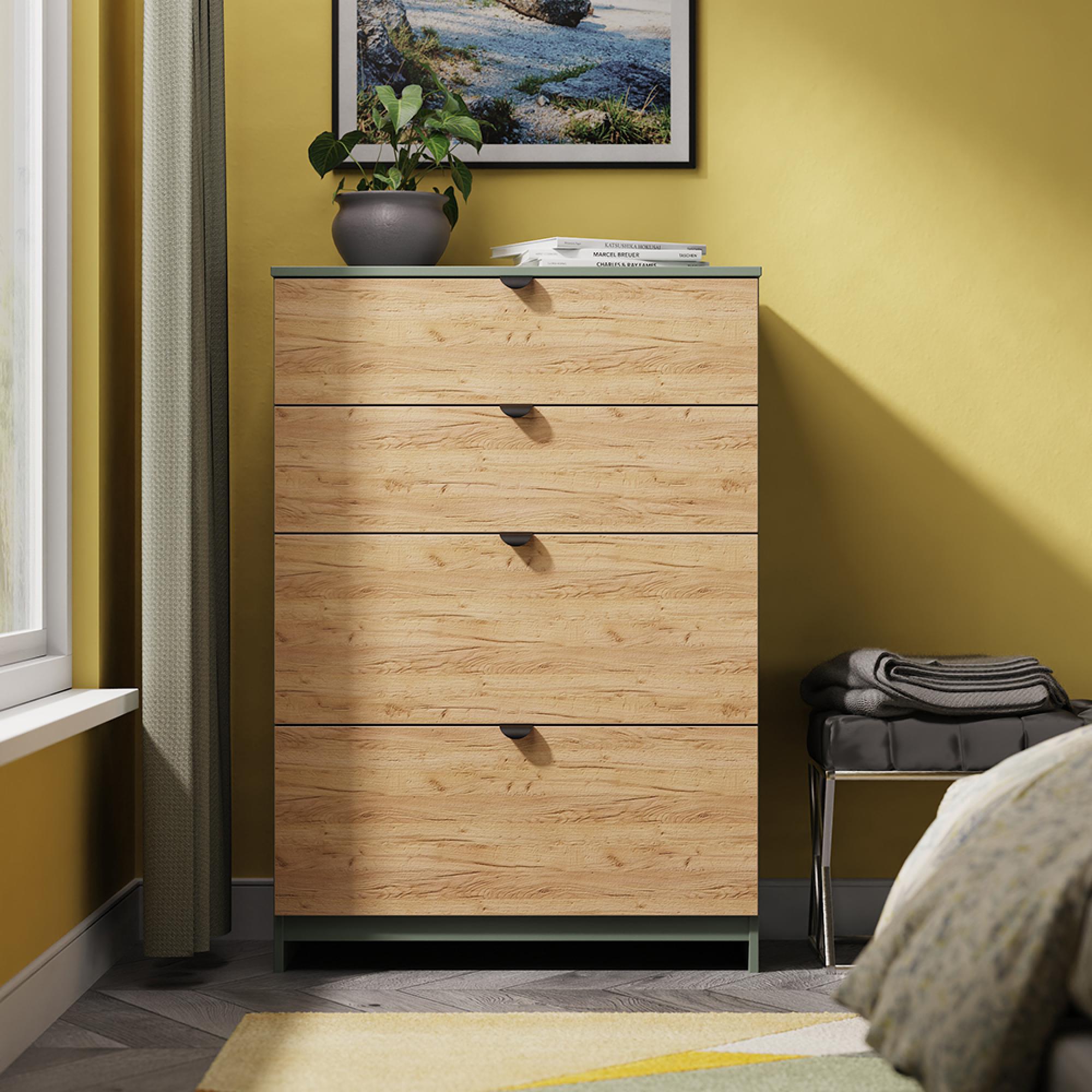 Bora Chest - 4 Drawer - Deep - Gold Craft Oak and Reed Green