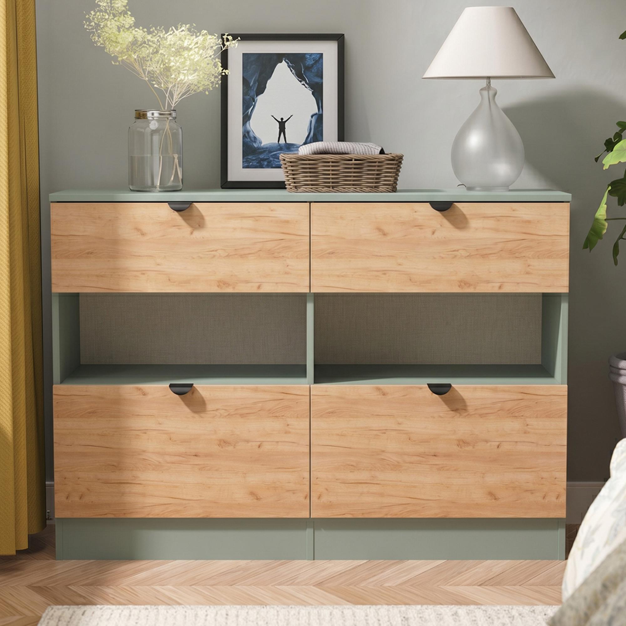 Bora Chest - 4 Drawer - Midi - Gold Craft Oak and Reed Green