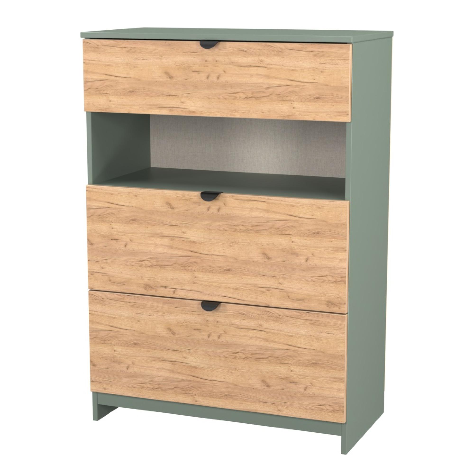 Bora Chest - 3 Drawer - Deep - Gold Craft Oak and Reed Green