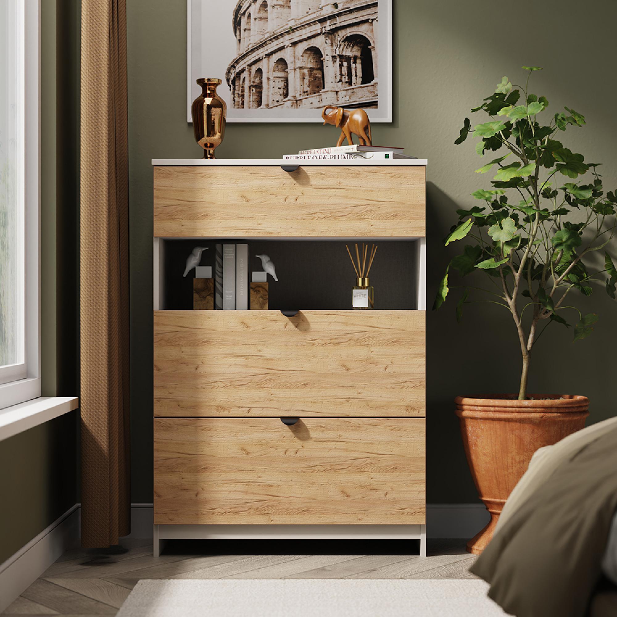 Bora Chest - 3 Drawer - Open Shelf - Deep - Gold Craft Oak and Kashmir Matt