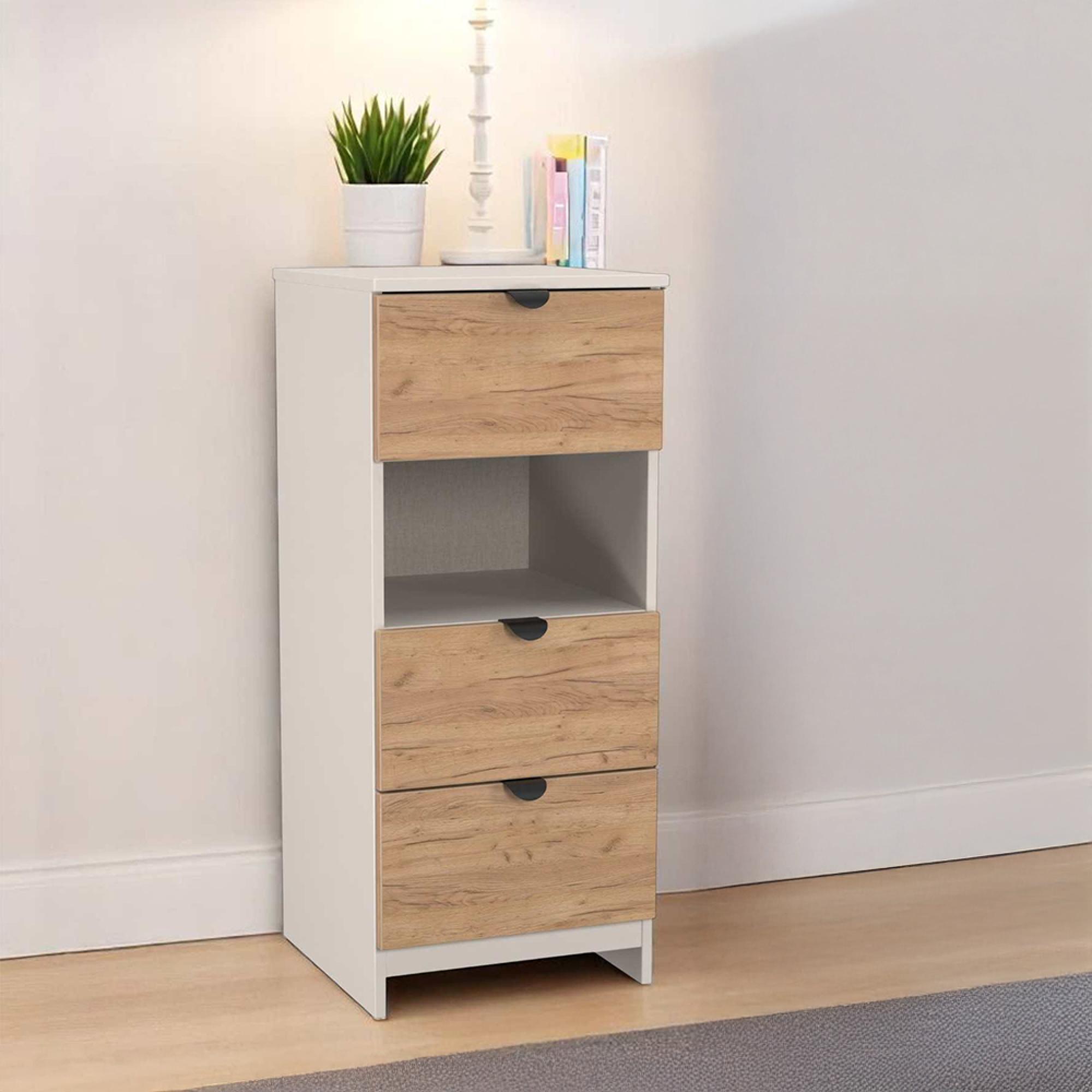 Bora Chest - 3 Drawer - Open Shelf - Gold Craft Oak and Kashmir Matt