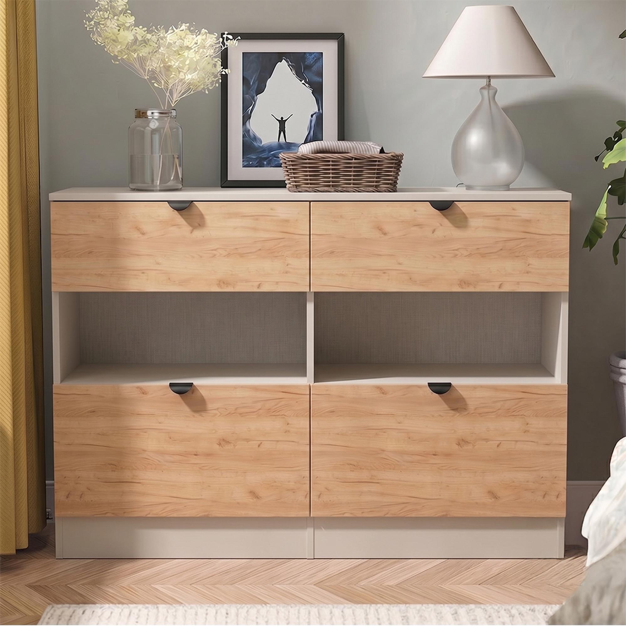 Bora Chest - 4 Drawer - Open Shelf - Midi - Gold Craft Oak and Kashmir Matt