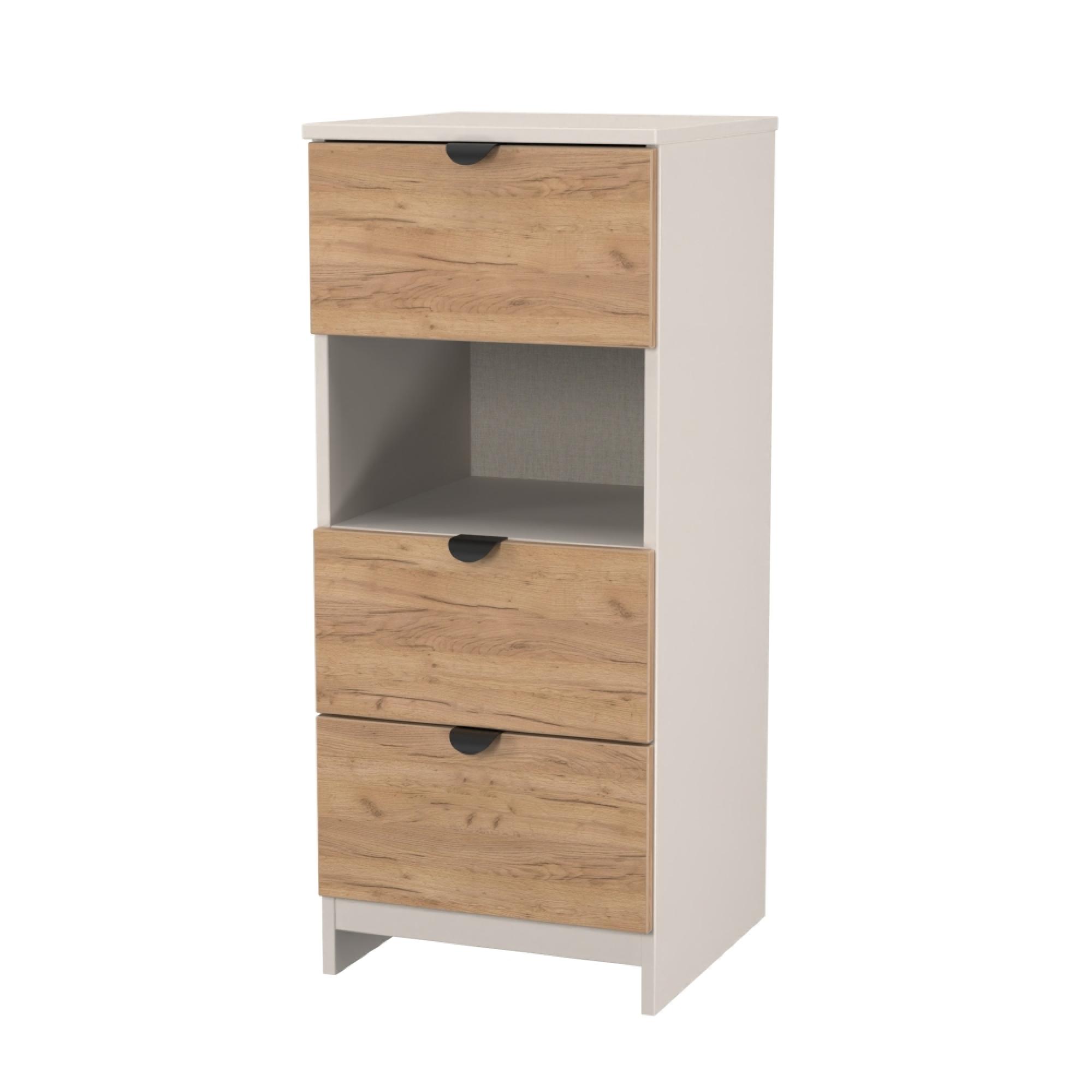 Bora Chest - 3 Drawer - Open Shelf - Gold Craft Oak and Kashmir Matt