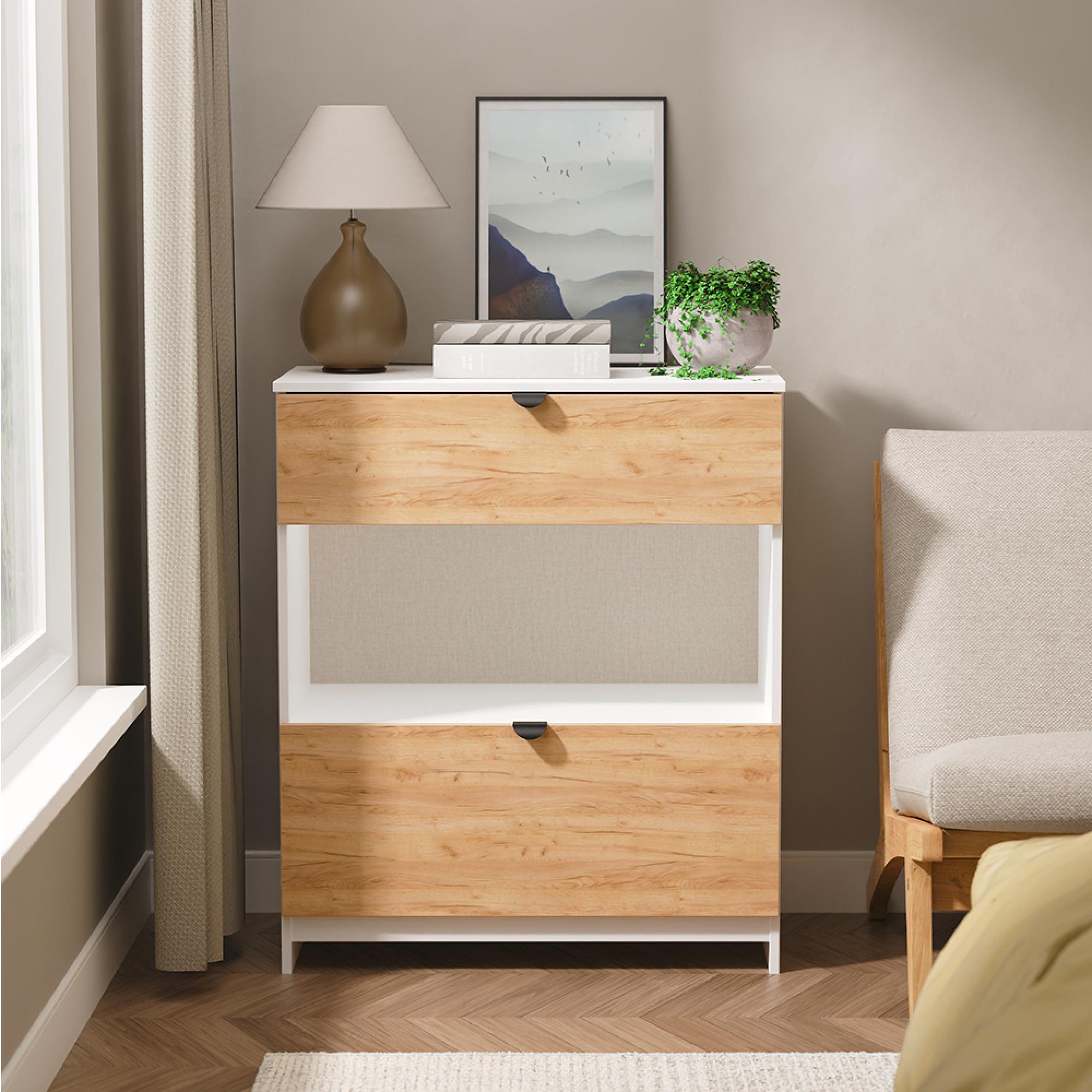 Bora Chest - 2 Drawer - Open Shelf - Deep - Gold Craft Oak and White Matt