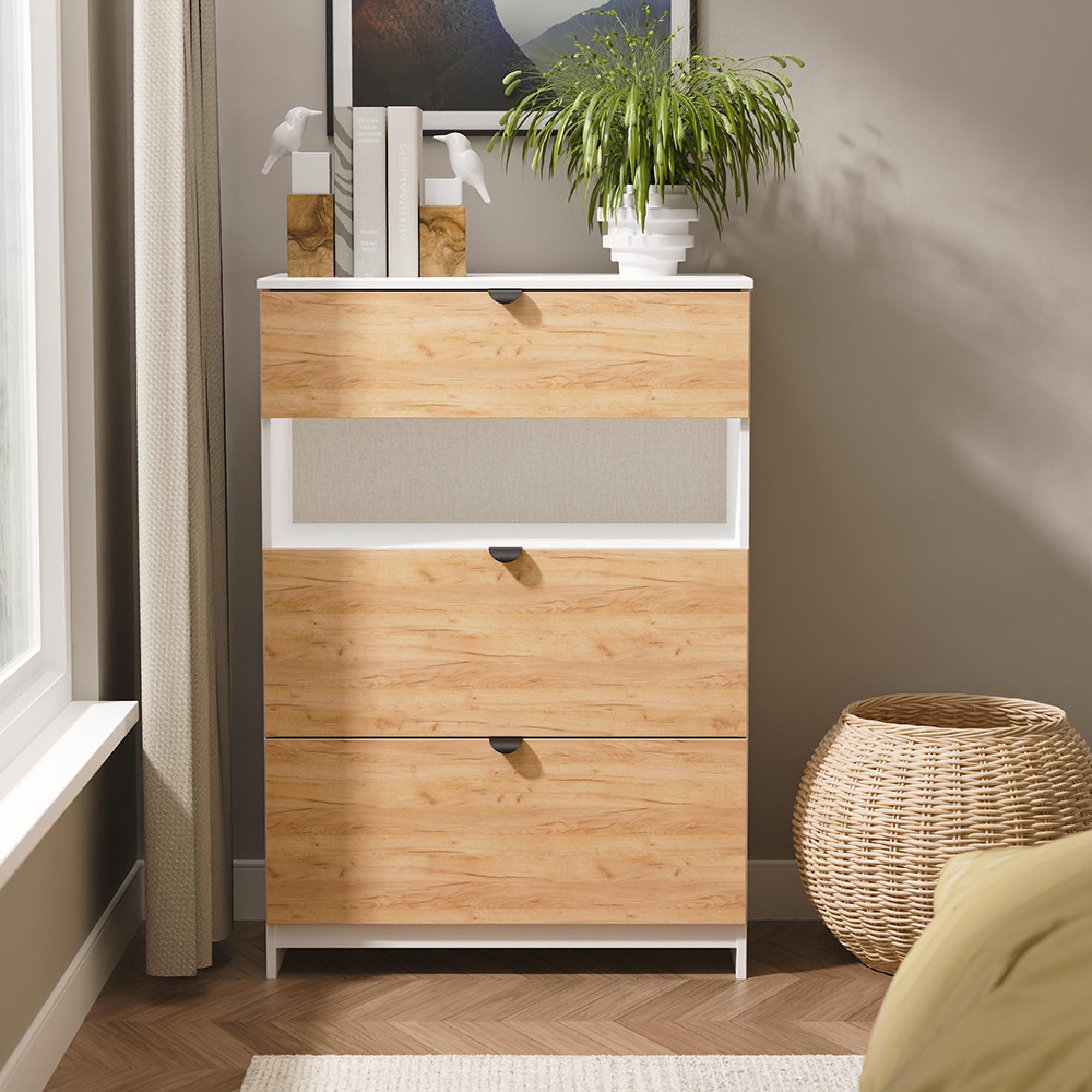 Bora Chest - 3 Drawer - Open Shelf - Deep - Gold Craft Oak and White Matt