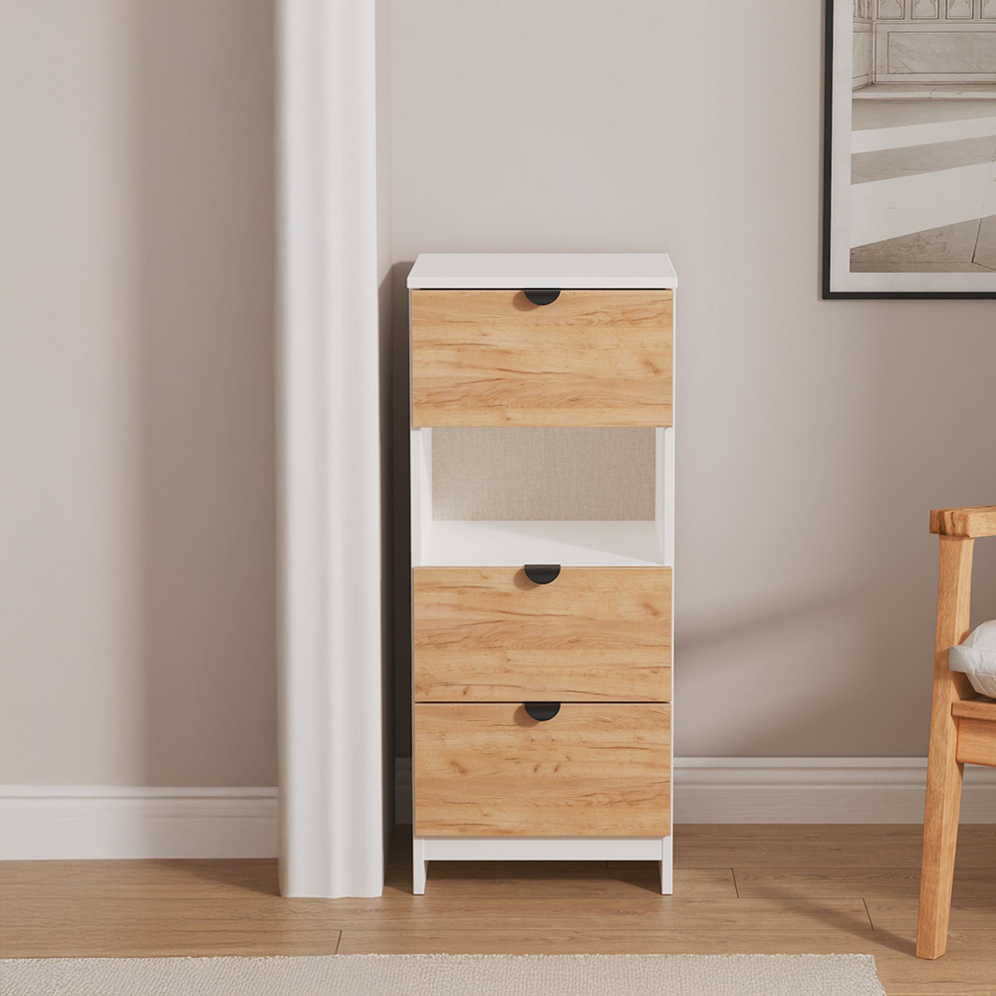Bora Chest - 3 Drawer - Open Shelf - Gold Craft Oak and White Matt